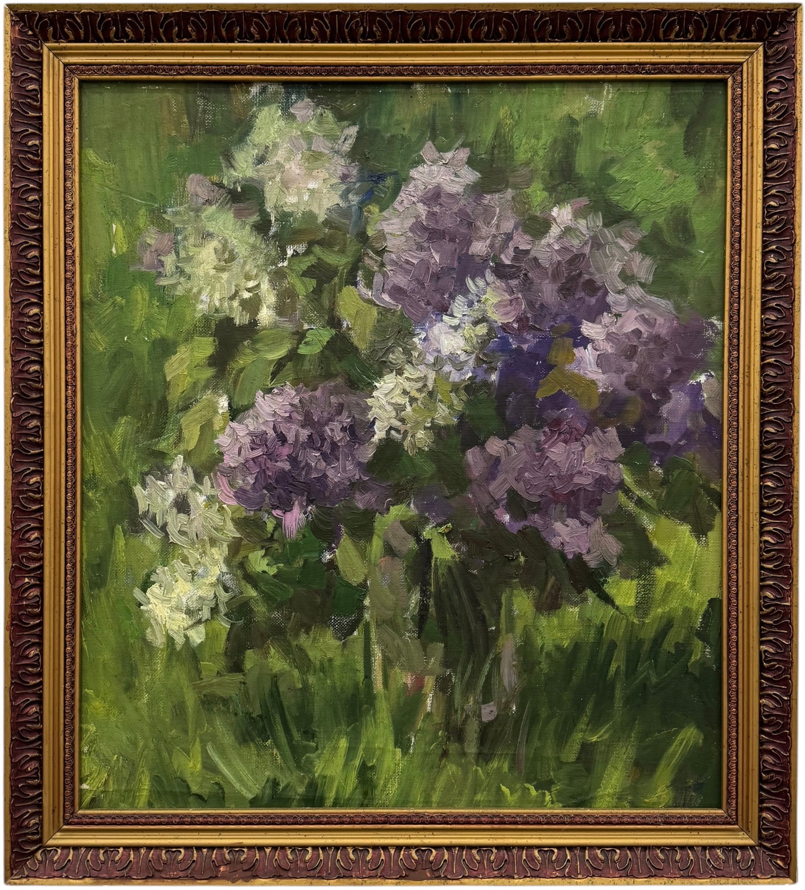 20th Century Russian School, Impressionist Still Life with Lilacs Oil On Canvas: Oil painting on canvas 26 x 22 1/2 in, 29 1/2 x 27 in (framed)