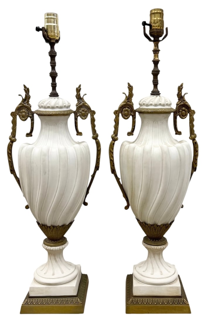 Pair Of Neoclassical Gilt Metal Mounted Porcelain Urn Table Lamps 20": 20 x 9 x 6 in