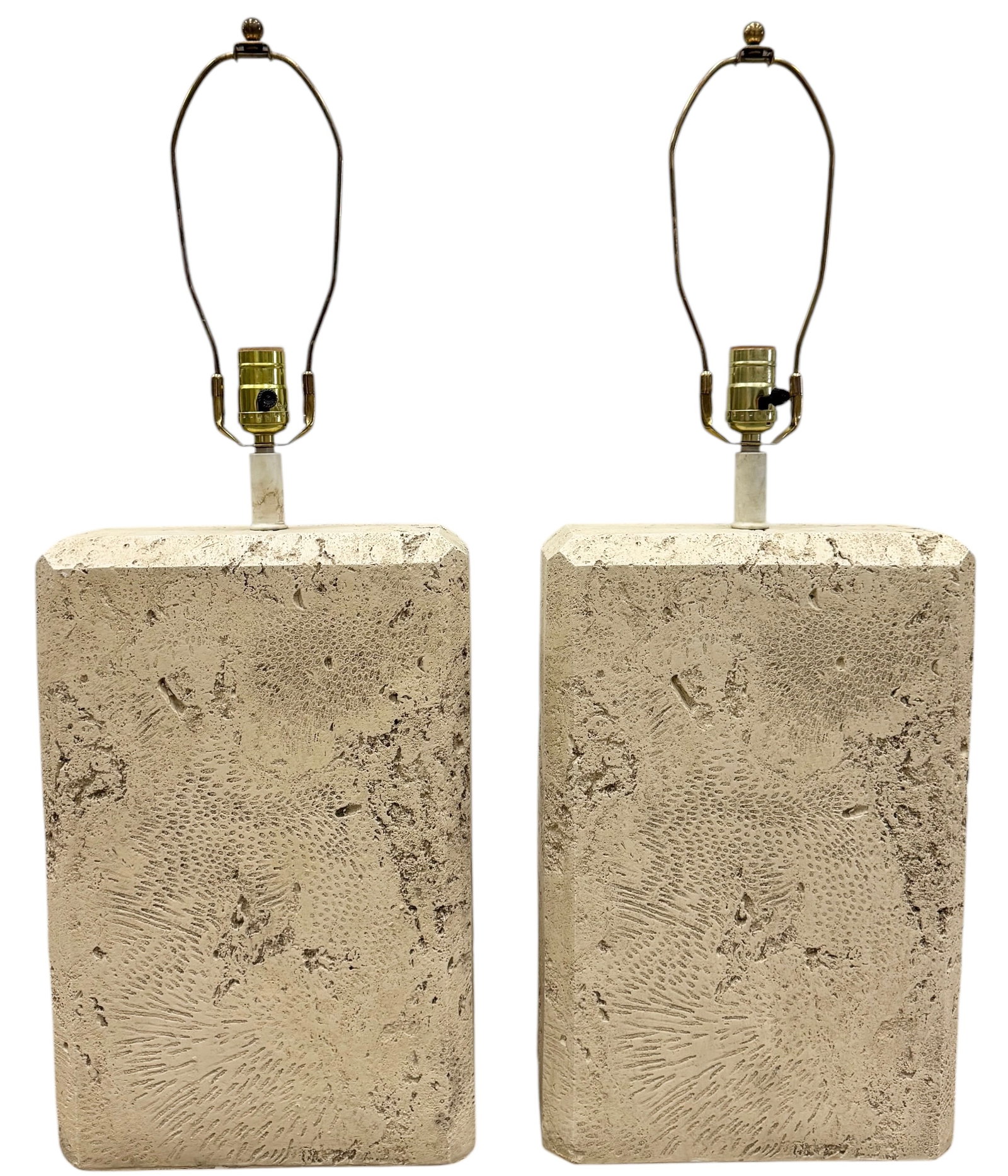 Pair Of Large Mid-Century Faux Fossil Stone Table Lamps: 29 x 11 x 5 in