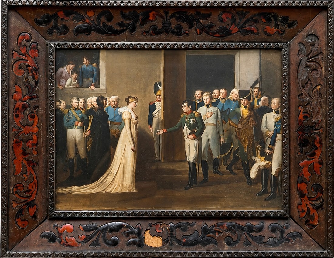 19th Century Continental Napoleanic Miniature Painting In Carved Polychrome Frame 8": Oil on porcelain 8 x 6 in