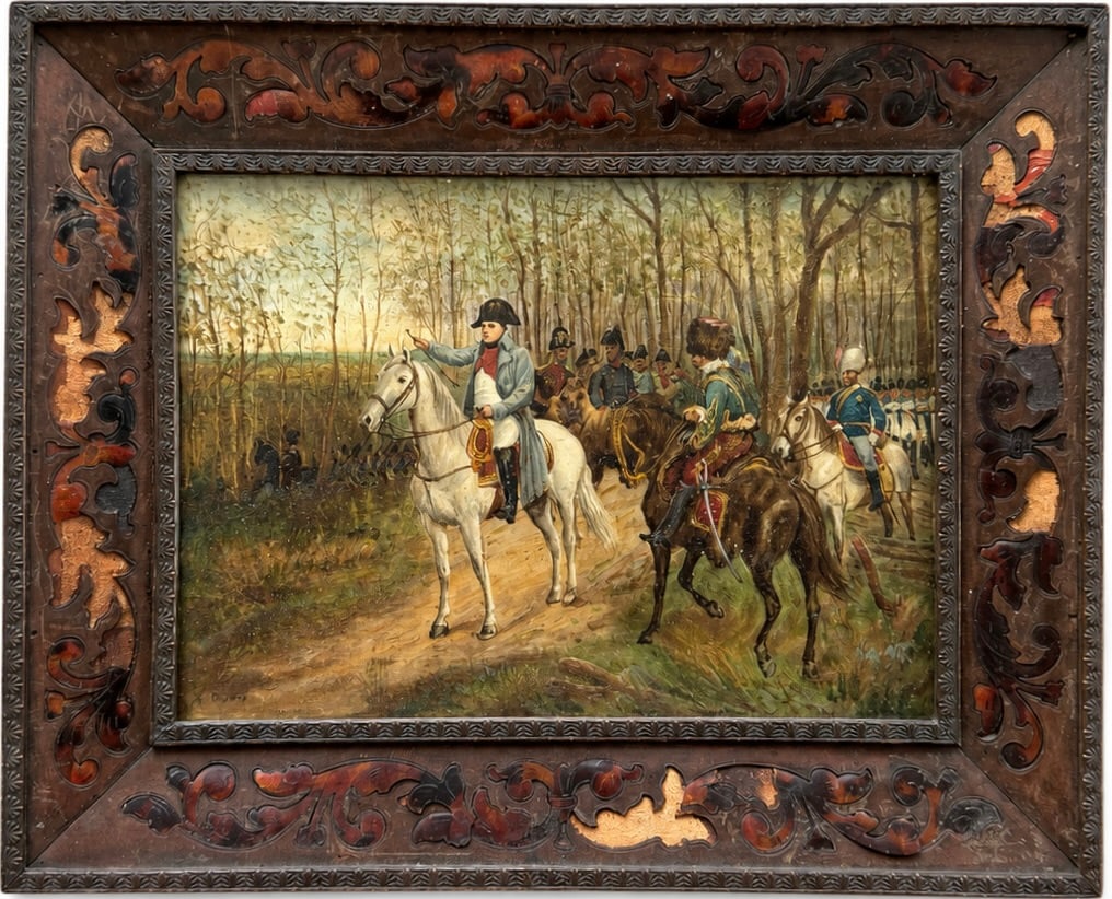 19th Century Continental Napoleanic Miniature Painting In Carved Polychrome Frame 8": Oil on porcelain 8 x 6 in