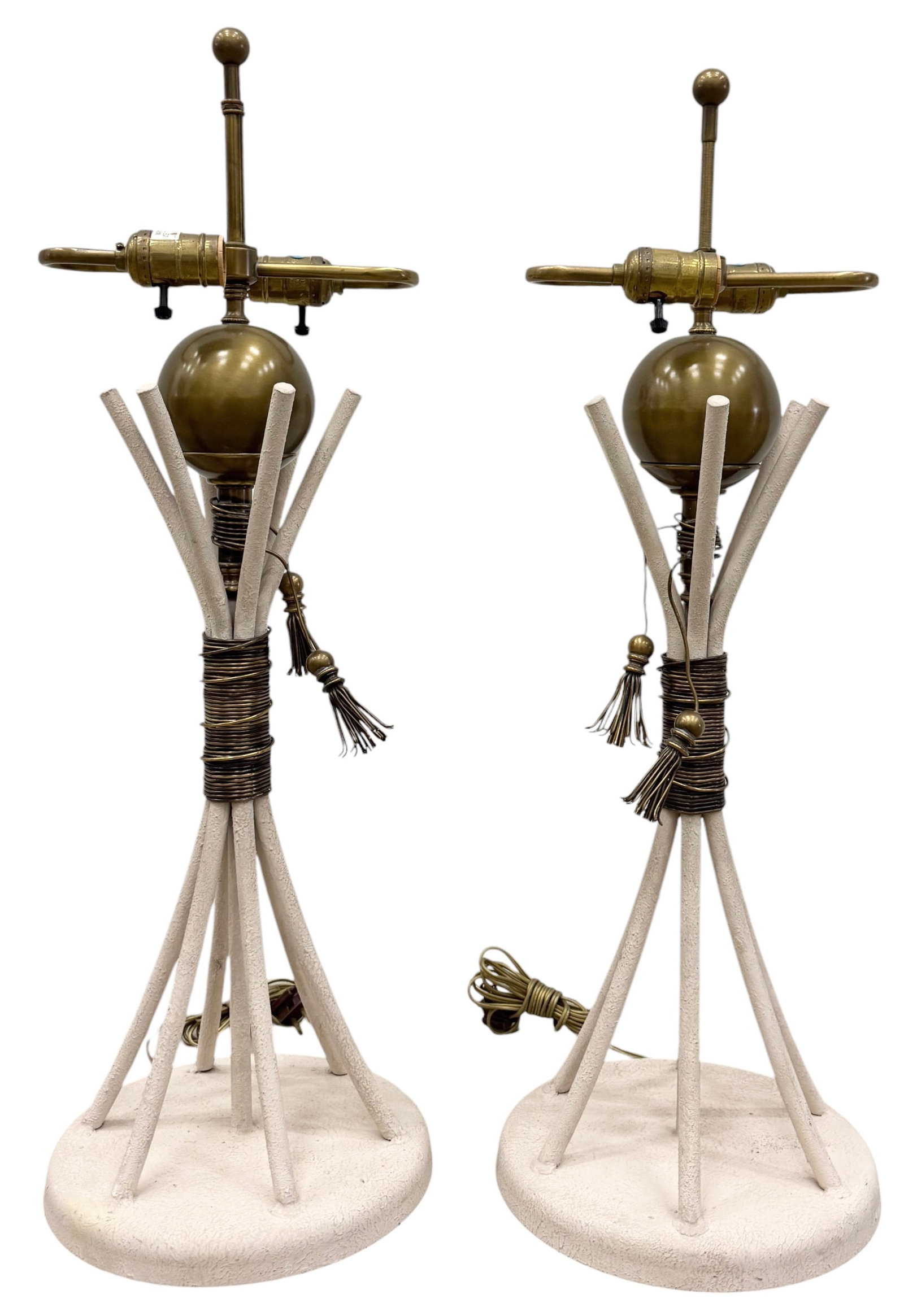 Pair Of Mid-Century Modernist Brass & Textured Metal Atomic Style Table Lamps: 29 1/2 x 9 in