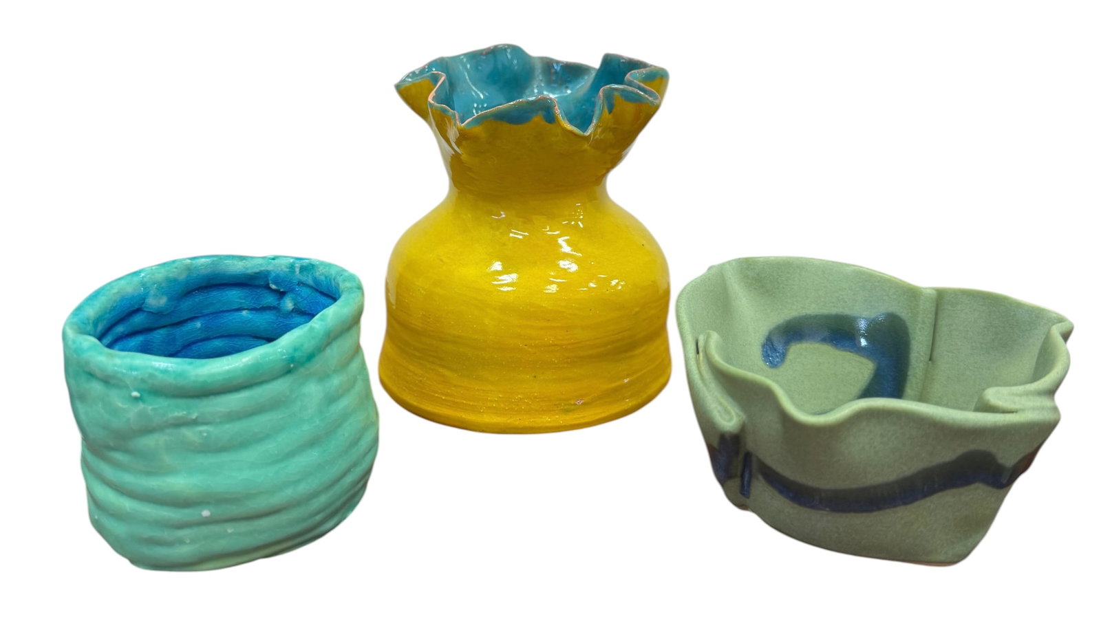 Studio Art Pottery Group: Ruffled Vase, Coiled and Wavy Bowls (3): 4 1/2 x 4 in (largest)