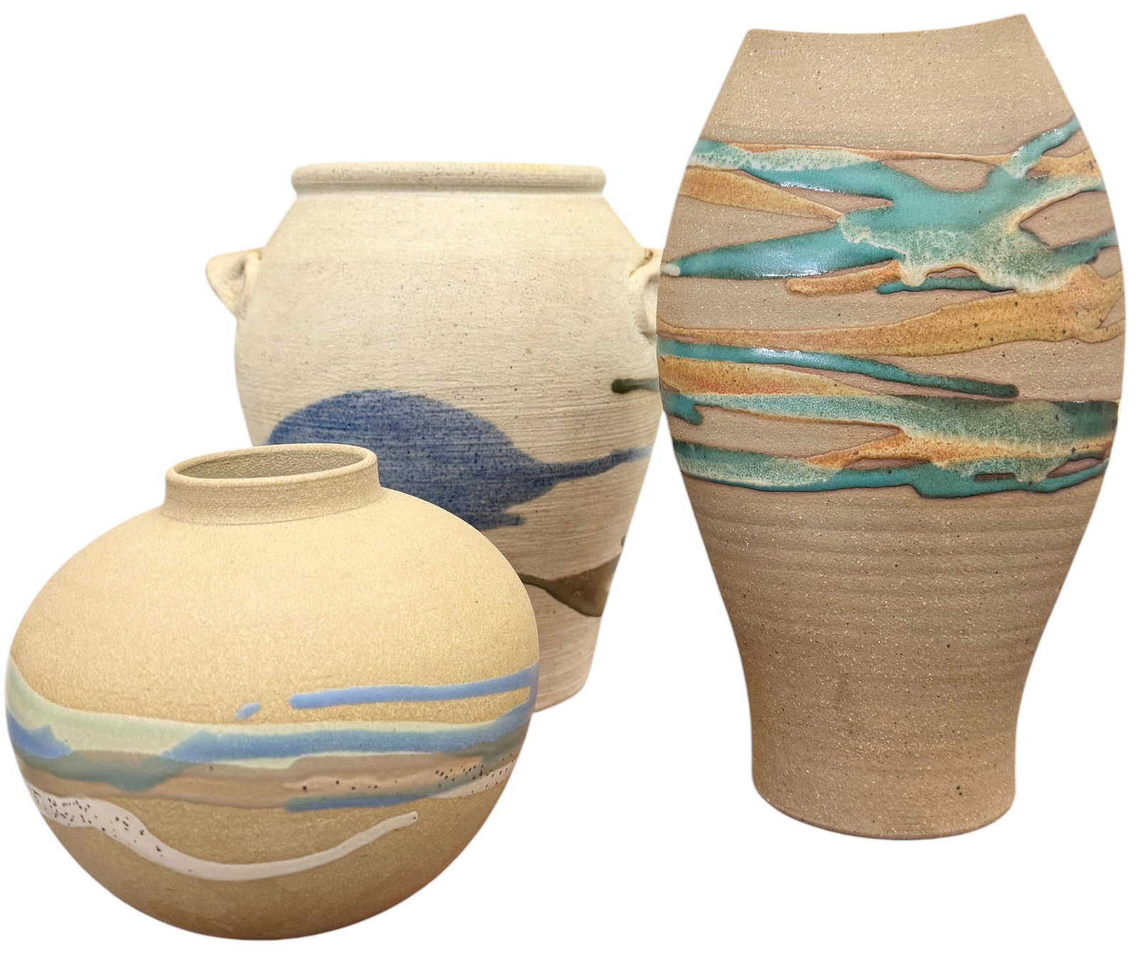 Mid Century Style Studio Pottery Trio - Abstract Glaze Ceramic Vases: 10 x 6 x 4 in, 8 1/2 x 7 x 6 in, 5 1/2 x 5 1/2 in