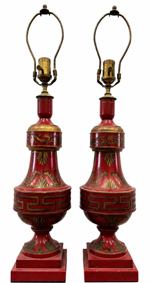 Pair Of Chinoserie Red & Gilt Tole Table Lamps 28": 28 x 5 1/4 x 5 1/4 in