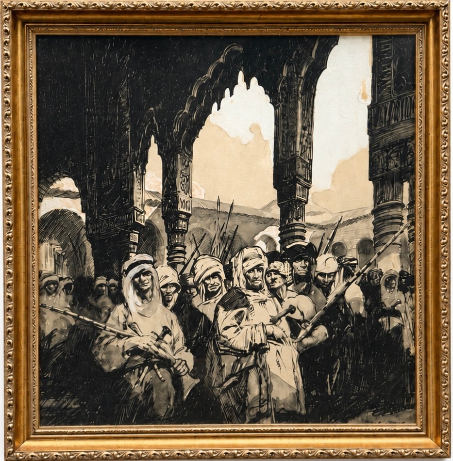 Orientalist School, Signed Middle Easten Figural Scene: Watercolor on paper (assumed) 24 x 24 in (framed)
