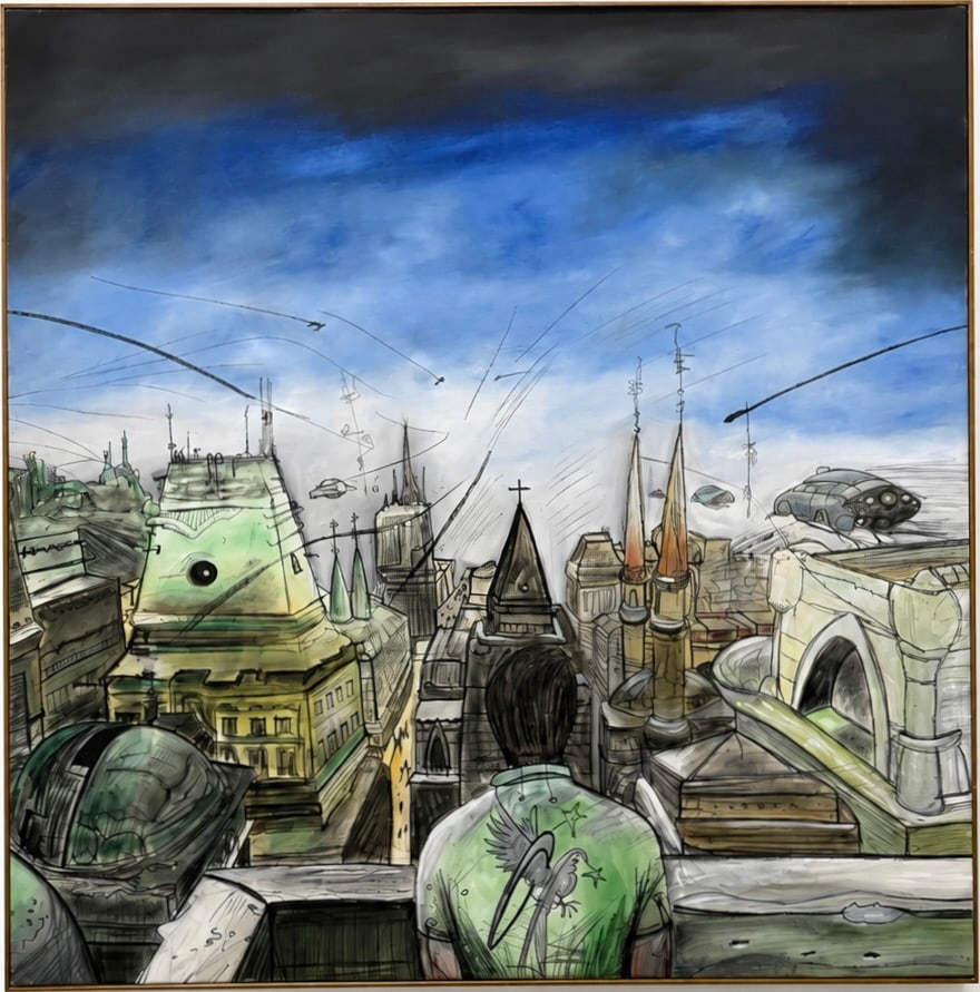 Monumental Dystopian Sci-Fi Painting After/Style Of Enki Bilal, Unsigned Oil/Acrylic 54" (1 of 6)