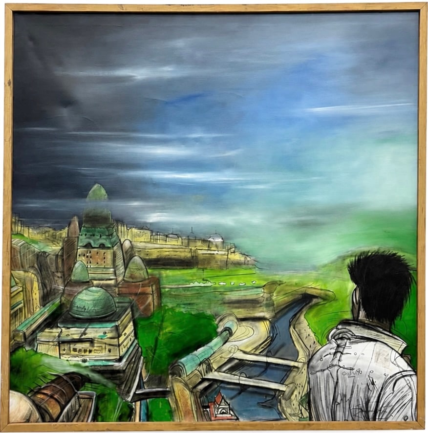 Signed Sci-Fi Dystopian Painting by Galván - Homage After Enki Bilal: Oil/acrylic on canvas 38 x 38 in. Oversized item