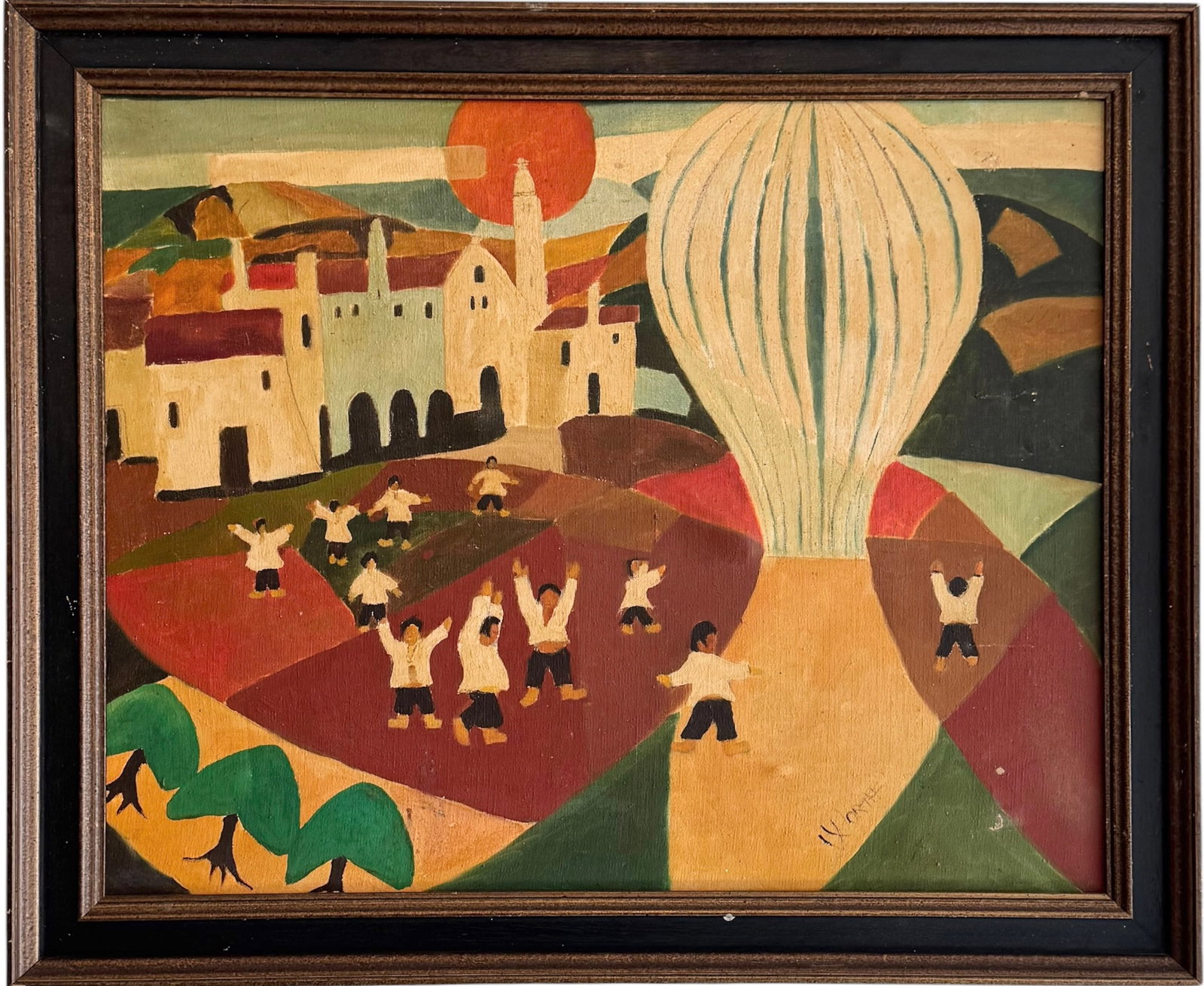 Mid-Century Naïve Art School Oil Landscape Painting with Figures & Hot Air Balloon: Oil painting on canvas 20 x 16 in, 23 x 19 in (framed)