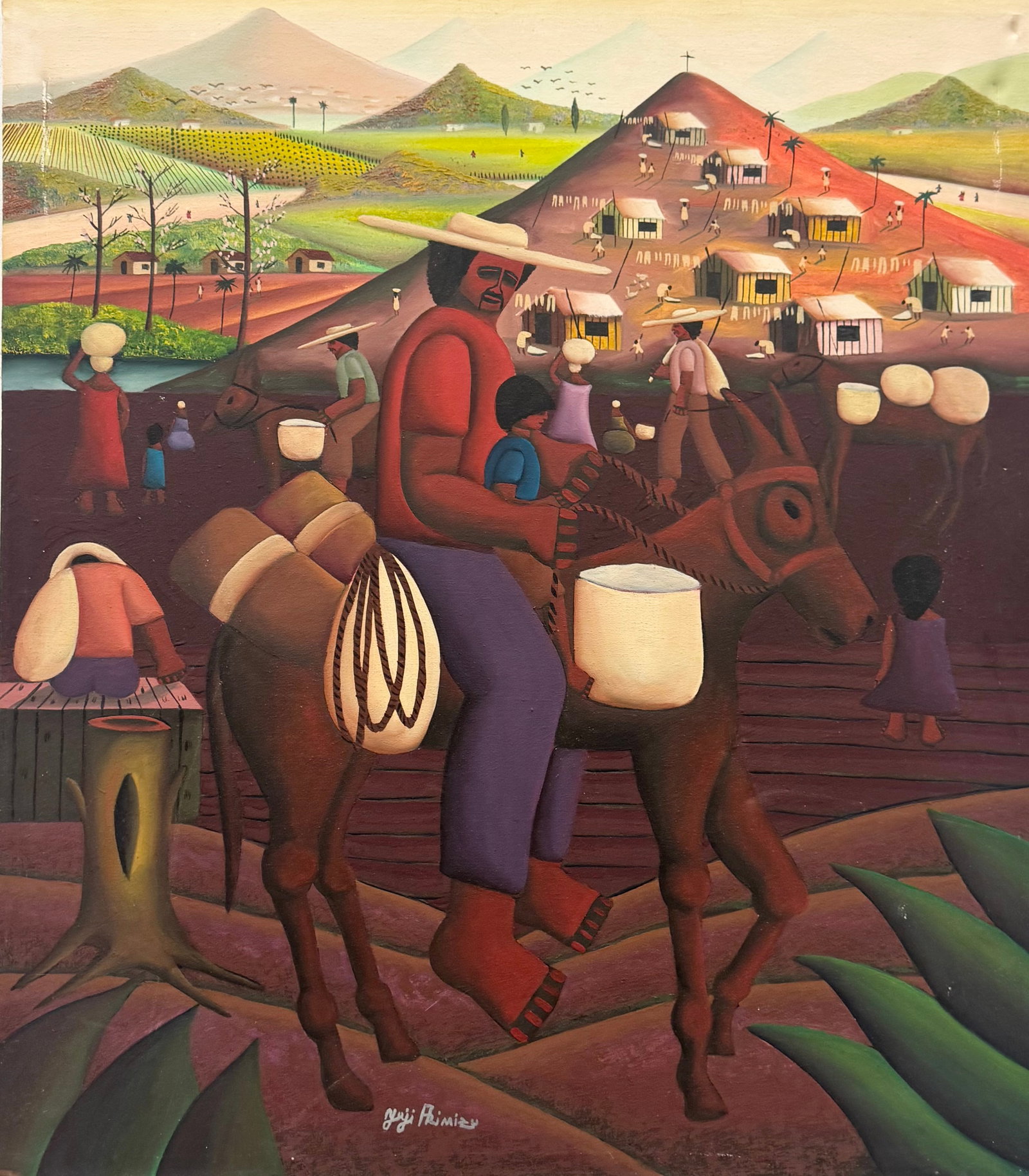 Yuri Arimizu (Brazilian, b. 1952) A Day At The Market: Oil painting on canvas 31 1/2 x 27 1/2 in
