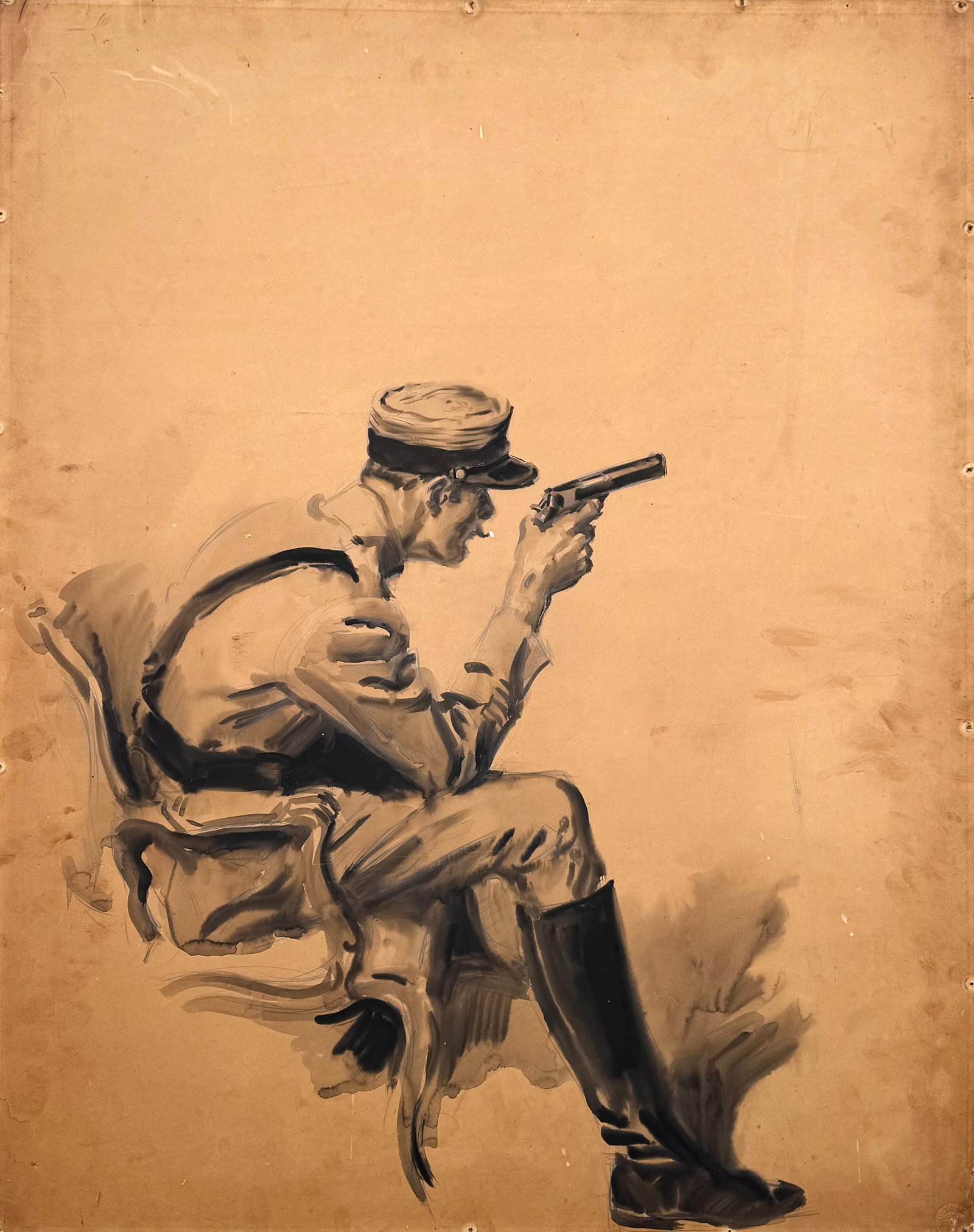 Early 20th C. Study Of A Soldier Smoking And Taking Aim, Illustration Art, Stamped: Watercolor on paper 29 x 23 in. The reverse shows production markings and a publication stamp on the backing board, confirming that this artwork was a piece of original magazine or comic illustration 