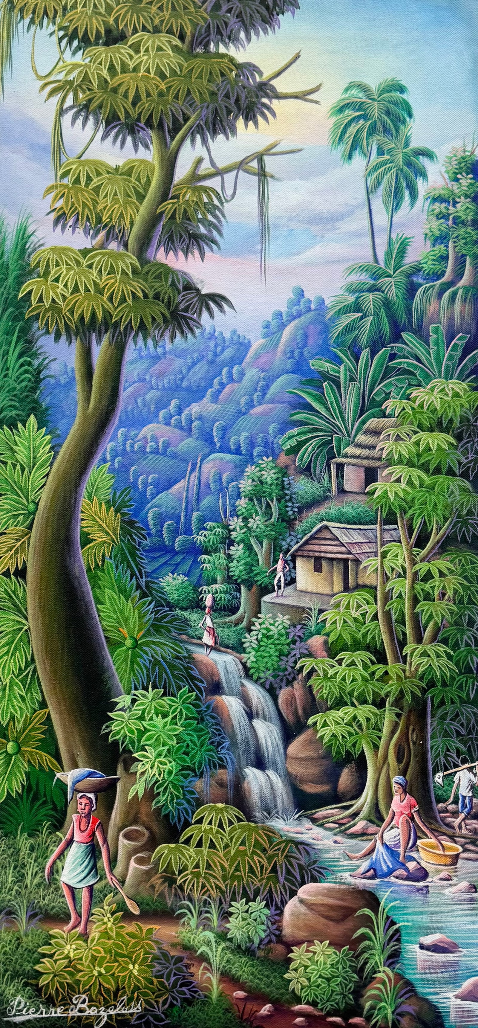 Pierre Boizilus Signed Haitian Folk Art Village & River Scene Oil Canvas: Oil painting on canvas 13 x 29 in.