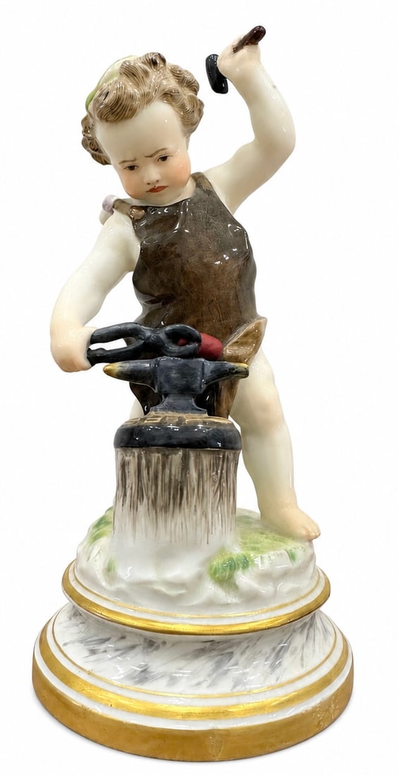 Meiseen Porcelain Figure Of A Young Blacksmith At An Avil: 8 x 3 1/2 in. Marked on base.
