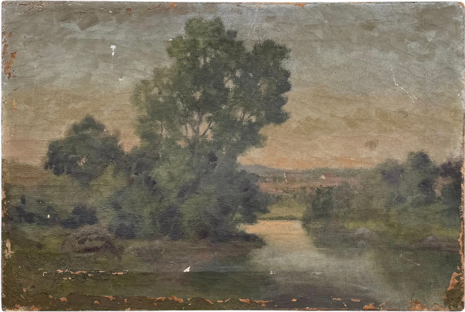 19th Century Boston School Atmospheric Landscape Painting: Oil painting on canvas 18 x 12 in.