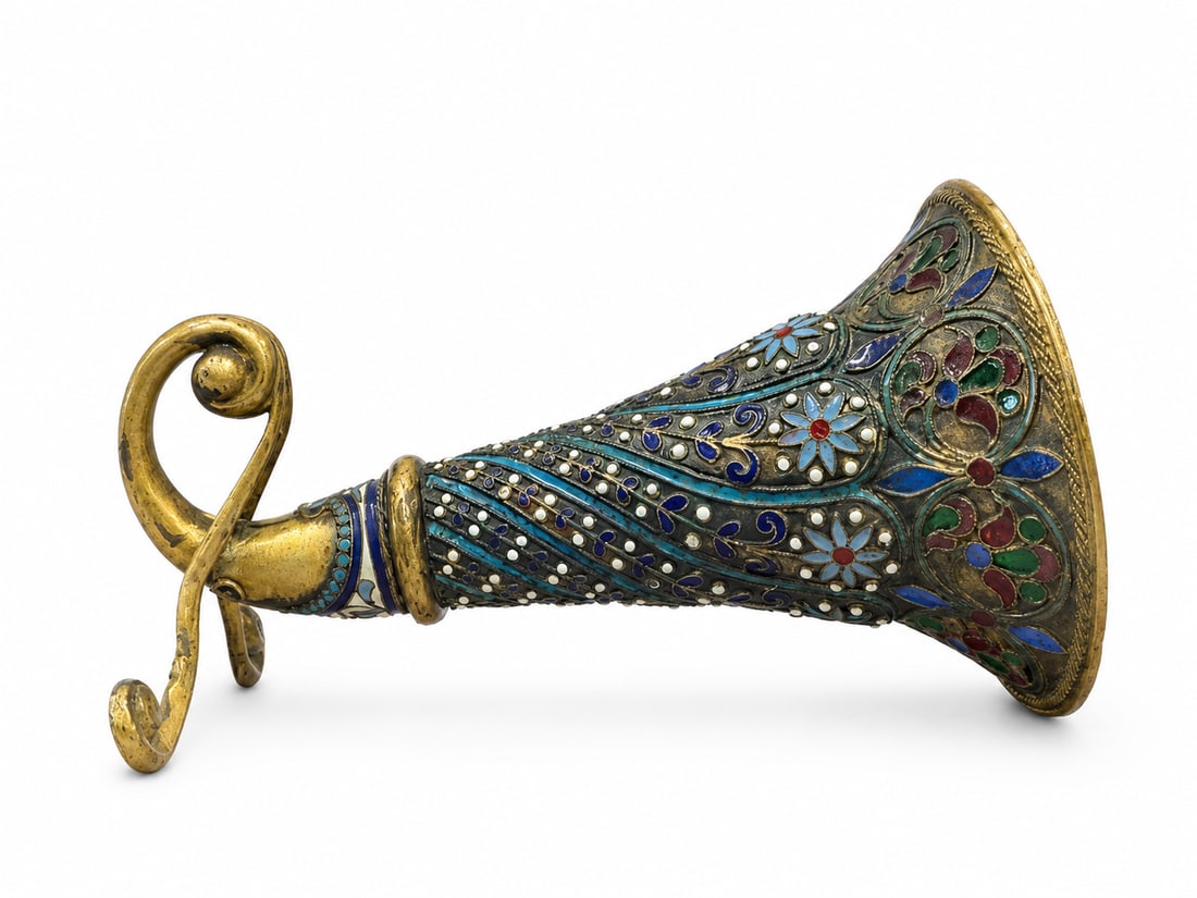 Antique Enameled Gilt Metal Ceremonial Horn 5": Size 5 x 3.5 in