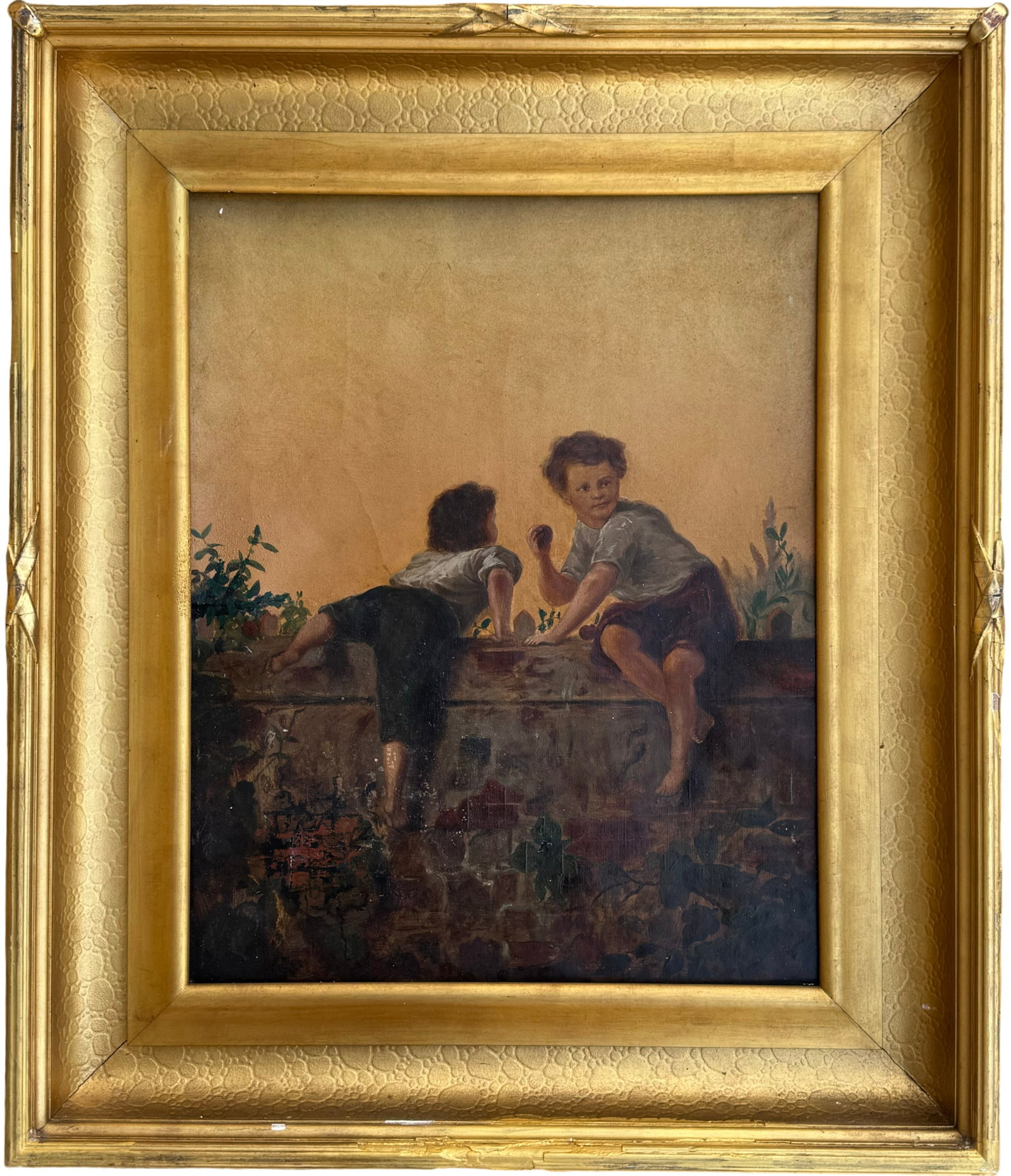 19th Century European School Painting Of Children On Garden Wall: Oil painting on canvas 20 x 16 in, 28 1/2 x 24 1/2 in.