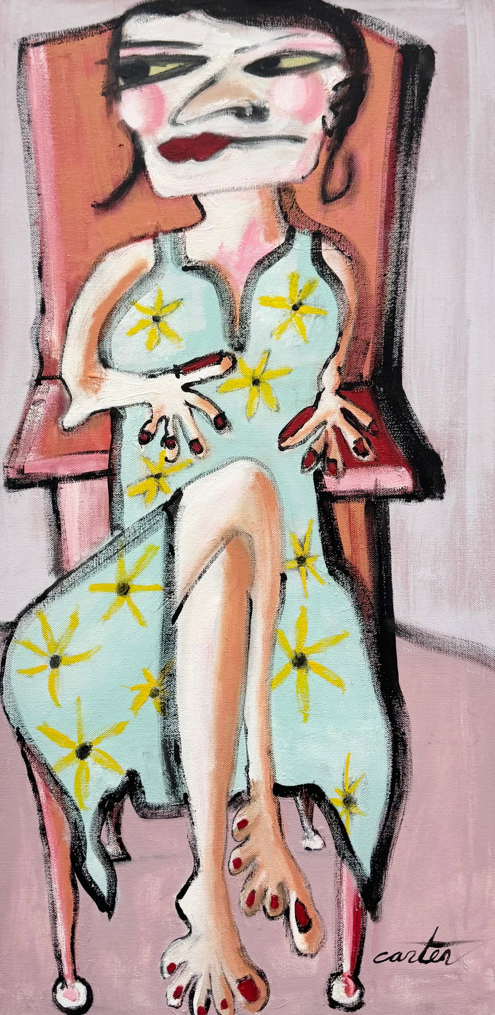 21st C American Expressionist Figurative Painting Of A Seated Woman Signed Carter: Oil painting on canvas 30 x 15 in