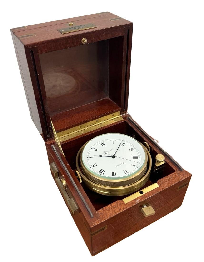 Breguet Quartz Marine Chronometer / Deck Clock With Wooden Box: Signed dial 82mm. Box size 5 1/2 in x 6 in.
