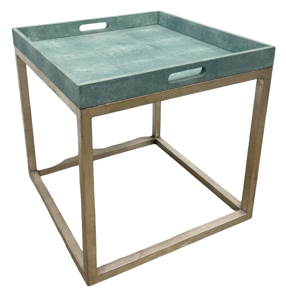 Mid-Century Modern Style Faux Shagreen and Metal Square Tray Top End Table: 20 x 20 x 20 in