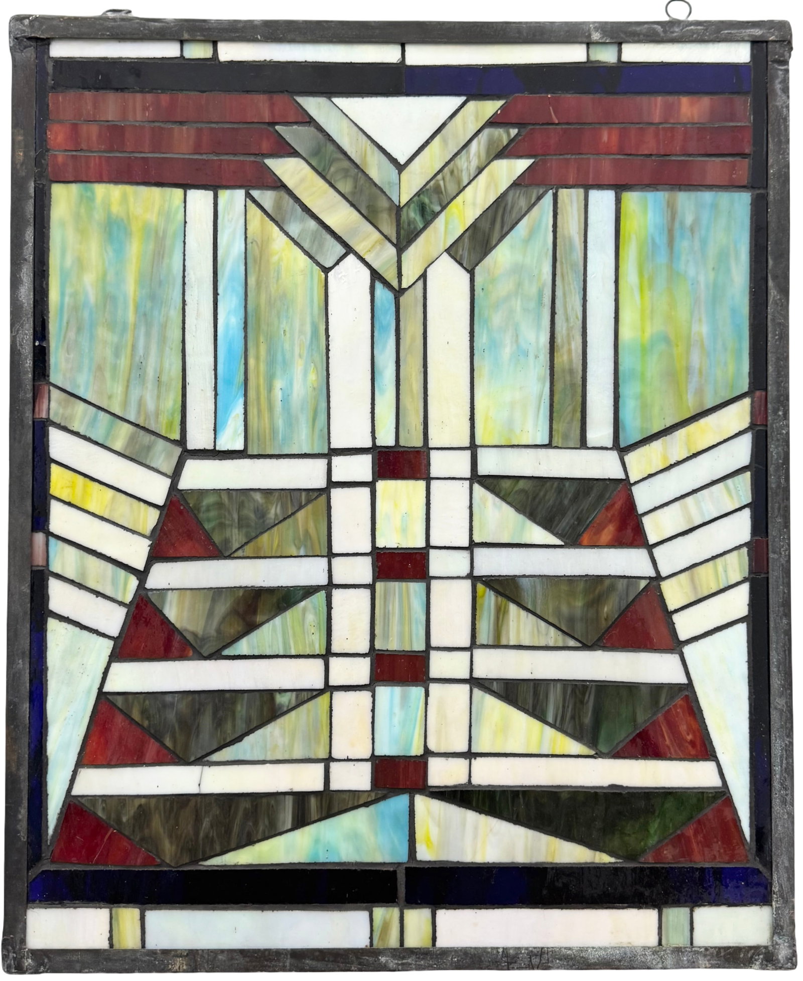 Vintage Arts & Crafts Geometric Leaded Stained Glass Panel 18 x 15 in: 18 x 15 in. Vintage glass panel featuring a geometric layout influenced by the Mission and Prairie School design movements