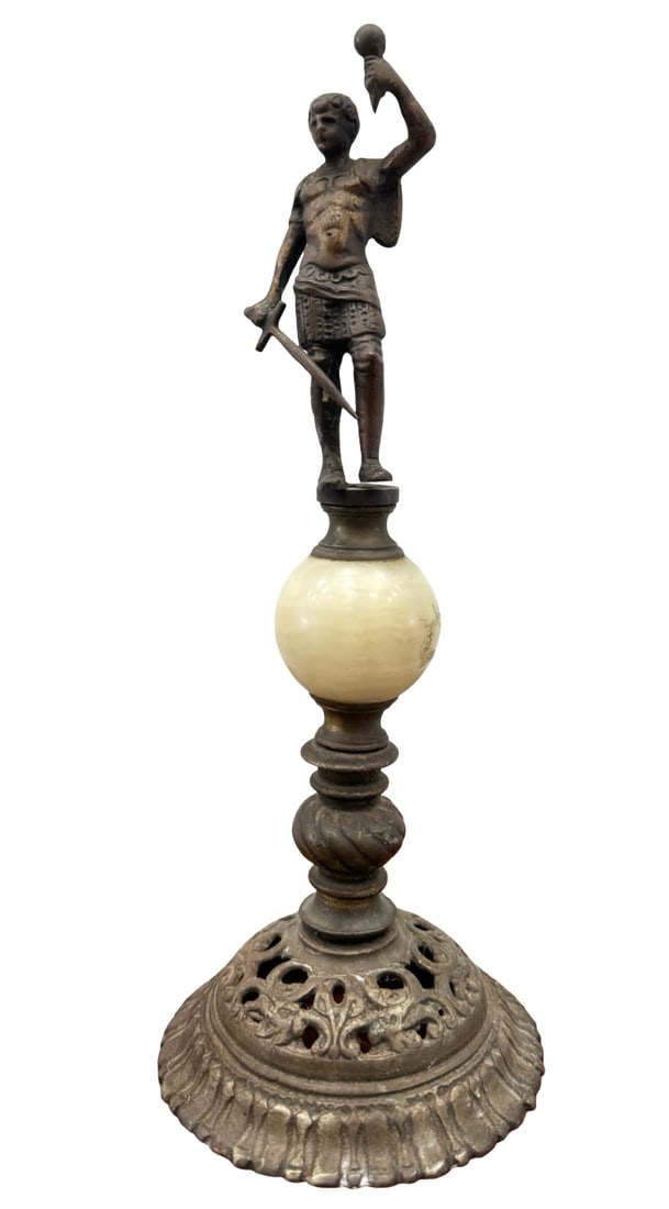 19th C. Continental Bronze Figural Warrior & Onyx Table Ornament 12 in: 14 x 4 1/2 in