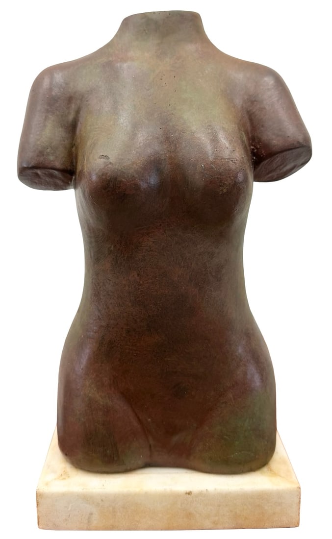 Modernist Patinated Metal Female Nude Torso Sculpture: Modernist figural sculpture depicting a stylized female torso with a bronze tone patina finish. 11 x 5 1/2 x 3 1/2 in.