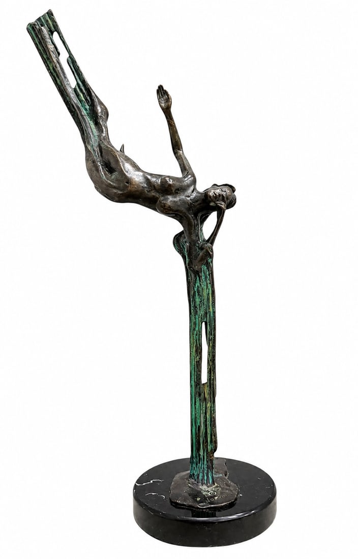 Jorge Coste (Mexican, b.1959) Patinated Bronze Sculpture, Figural Diver: 15 x 7 x 4 in. Known for elegant surrealist and abstract bronze works that blend figurative anatomy with stylized industrial or natural objects. Signed. Latin American Art, Mexican Modernism, Figurati