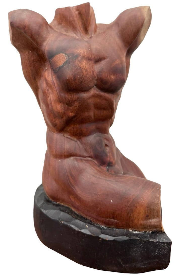 Modernist Carved Wood Male Torso Sculpture: 10 x 6 x 5 in