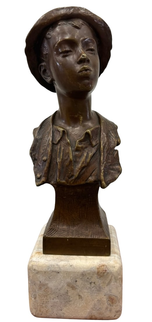 Karl Hackstock (1855-1919, Austrian) Boy With A Feather In His Hat: Bronze on stone base 9 1/2 x 3 x 3 in