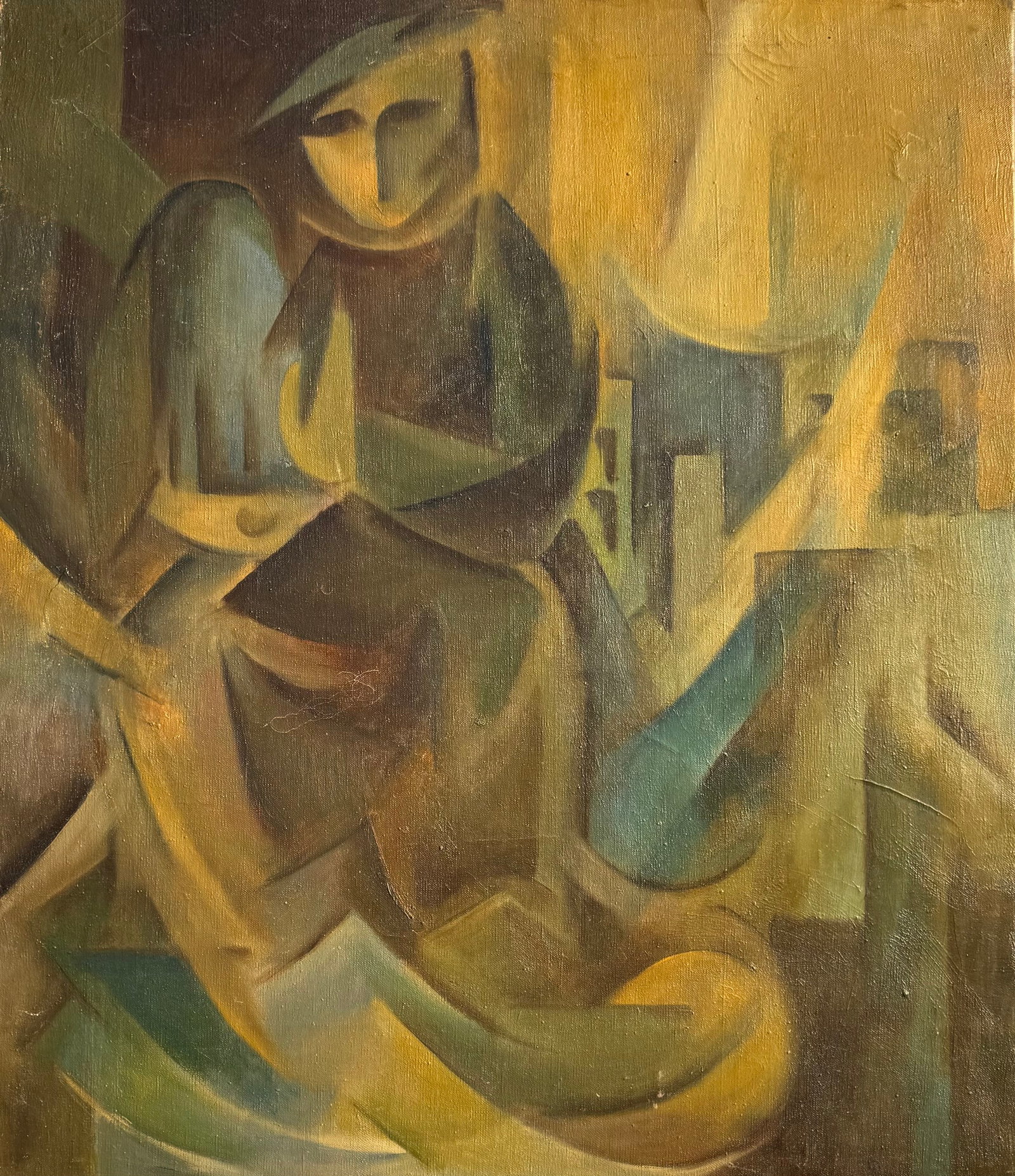 Mid-Century Modernist Cubist Figural Abstract Oil Painting, Seated Figure: Oil painting on canvas 32 x 17 in