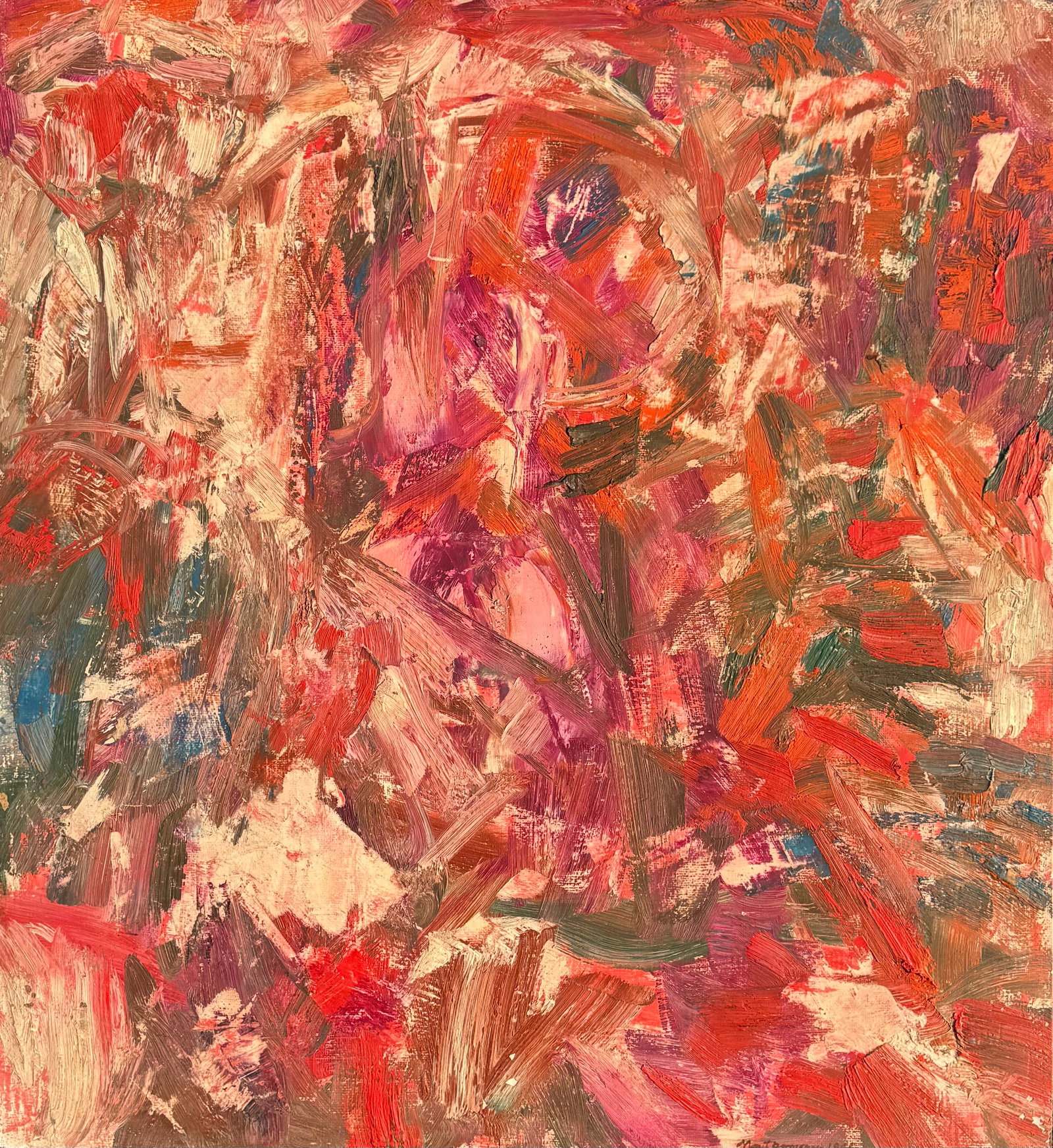 Frank Montgomery Mid-Century Modern Abstract Expressionist NY School Oil Painting, 1961: Oil painting on masonite 33 1/2 x 30 1/2 in. Un-framed. Information verso.