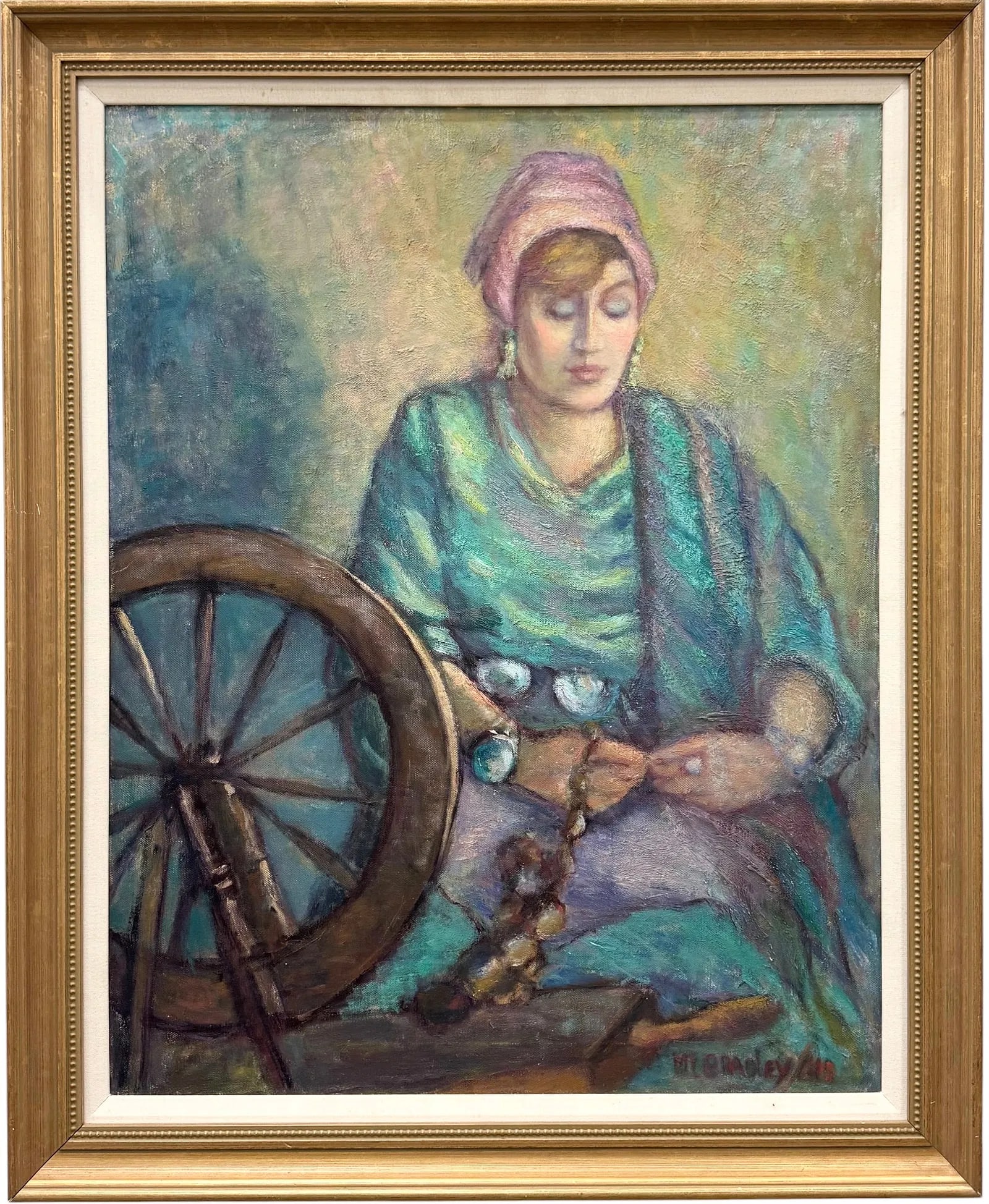 20th Century Signed Painting Of A Woman Operating A Traditional Spinning Wheel: Oil painting on canvas 28 x 22 in, 33 x 27 in (framed).