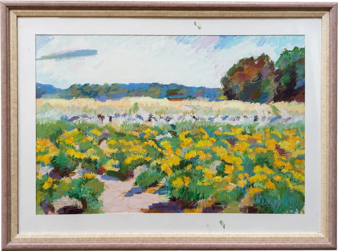 Jacqueline Chesley (American, 1929-2023) Impressionist Field Landscape Painting: Pastel on paper 34 1/2 x 23 in, 43 x 31 1/2 in (framed). Jacqueline Chesley was a 20th-century American artist celebrated for her light-filled, Post-Impressionist landscapes and detailed interior scen