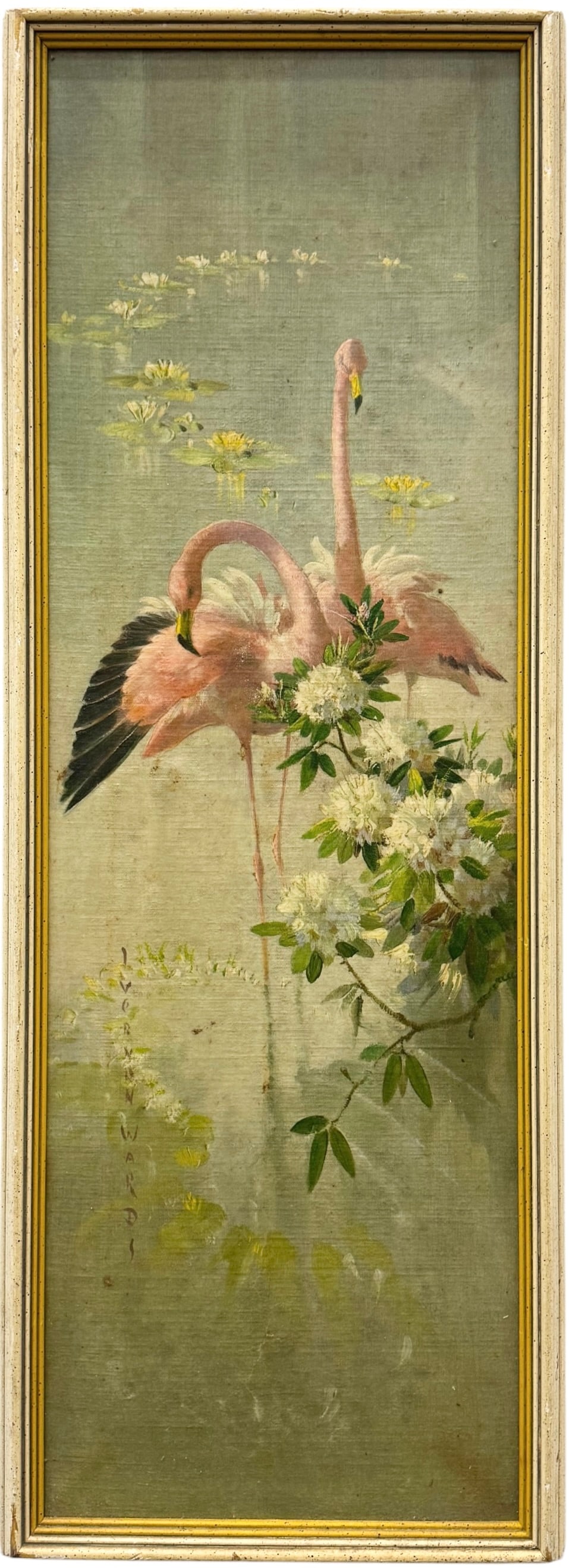 VERNON WARD (1905-1985, British) Flamingo Pink: Oil painting on canvas 10 x 30 in, 12 x 32 in (framed). Vernon Ward (1905–1985), an English painter renowned for his highly detailed wildlife, bird, floral, and coastal subjects.