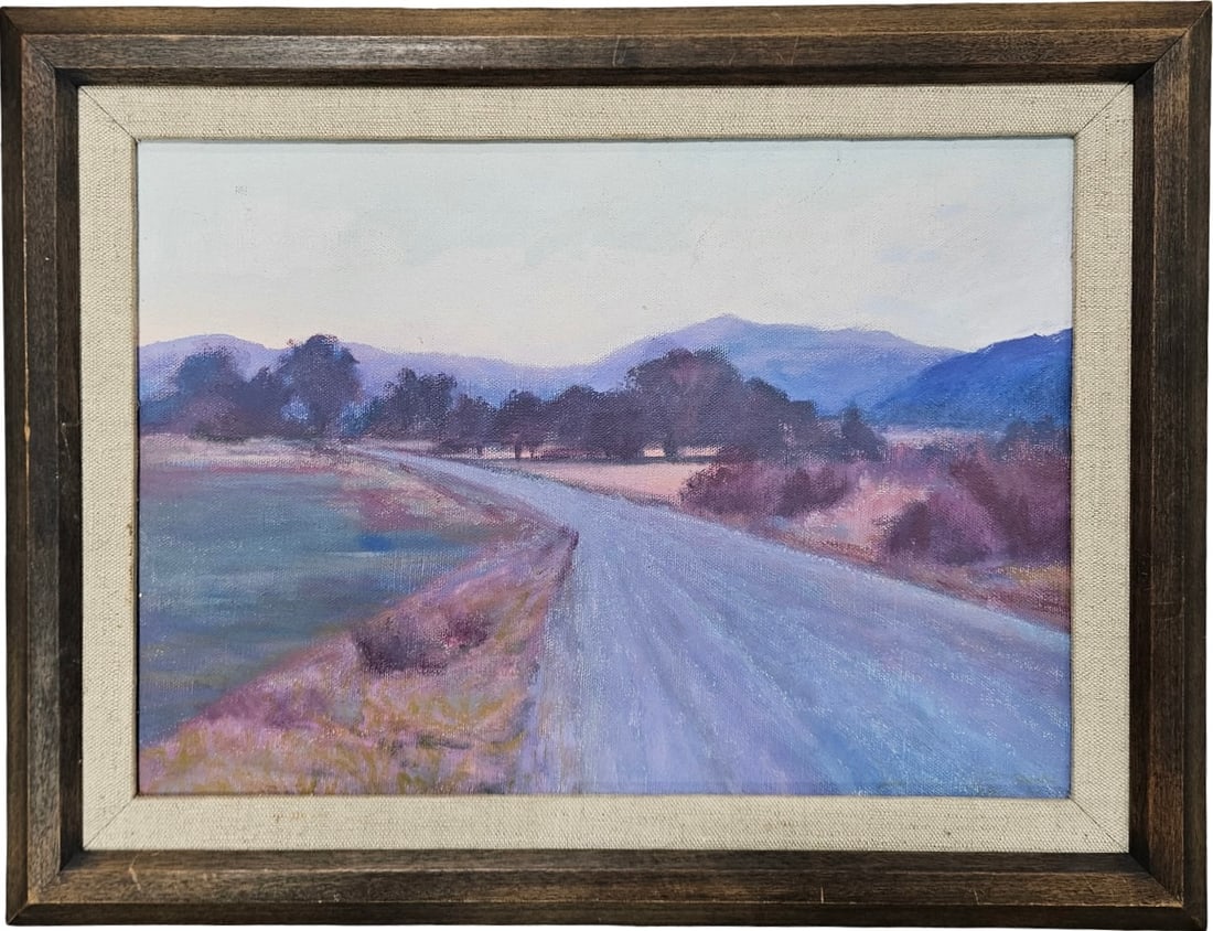 Mid-Century California Impressionist Landscape Signed Oil Painting, Zora Gallery 1976: Oil painting on canvas 10 x 14 in, 13 1/4 x 17 1/4 in (framed). Features original paper gallery tag from The Zora Gallery (11706 San Vicente Blvd, Los Angeles, CA), date-stamped March 18, 1976. Signed
