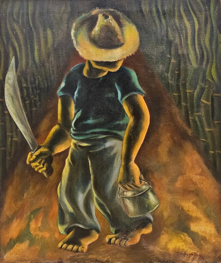 Jose Antonio Torres Martino (Puerto Rico, 1916-2011) Important Artist: Oil painting on canvas 24 x 28 in. Signer lower right corner. Wax relined. This came out of a New Jersey estate. Depicts a stylized barefoot campesino (rural farmer or field worker) stepping along a