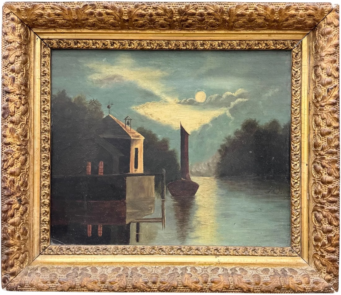 19th Century Moonlit Nocturne Riverscape Oil on Board, Ornate Gilt Frame (1 of 2)