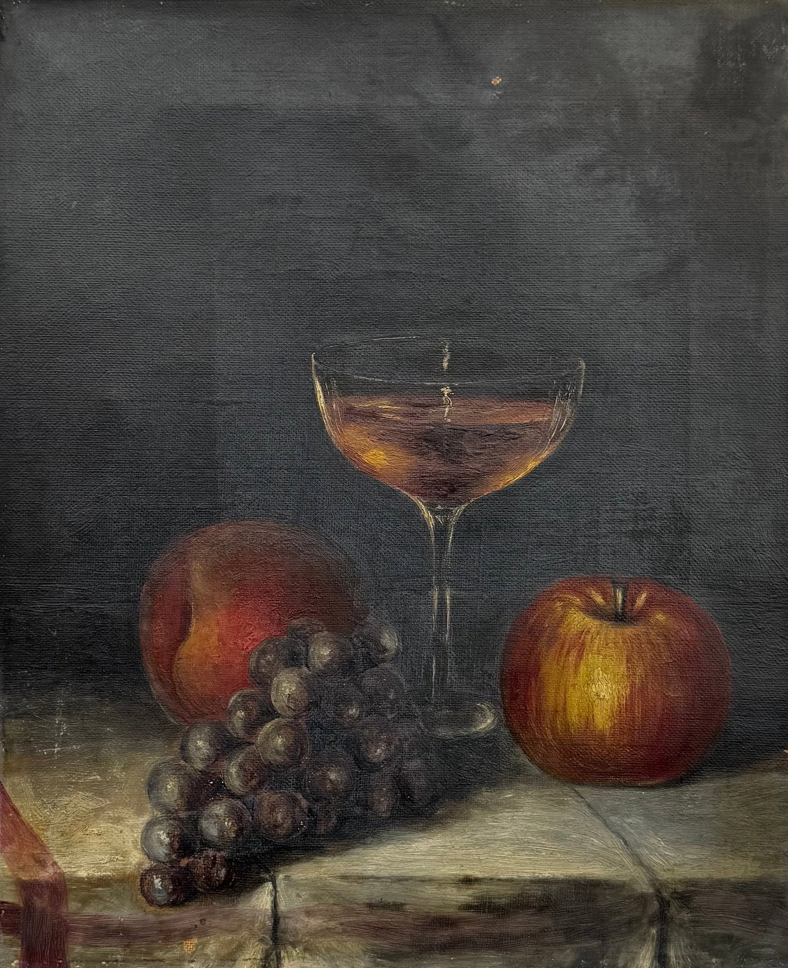 19th Century American School Still Life Oil Painting, Fruit & Wine: Oil painting on canvas 12 x 10 in
