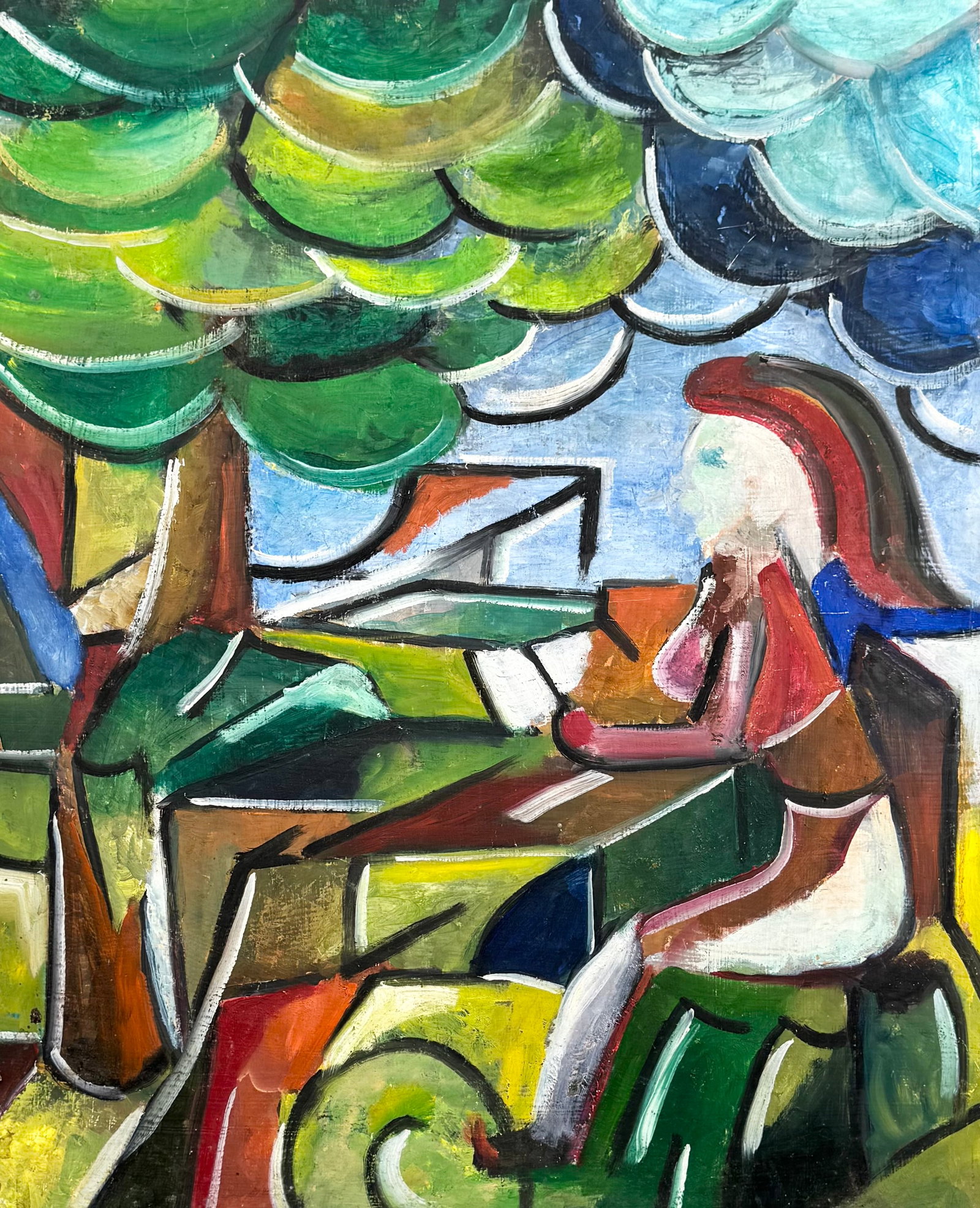Mid-Century Modernist Cubist Figural Landscape, Seated Woman: Oil painting on masonite 25 x 19 in