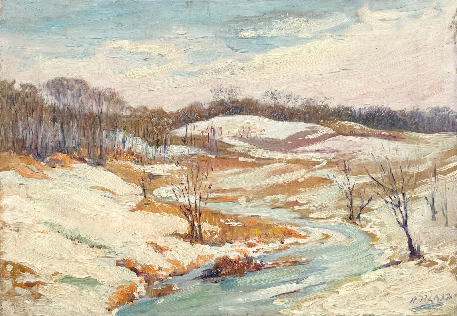 RICHARD BLASS (American, 20th C.) Impressionist Winter Landscape: Oil painting on canvas 20 x 14 in. Aside from his pastoral winter scenes, Blass is well-documented for painting historic coastal Northeast locations, including prominent scenes from Provincetown, Mass