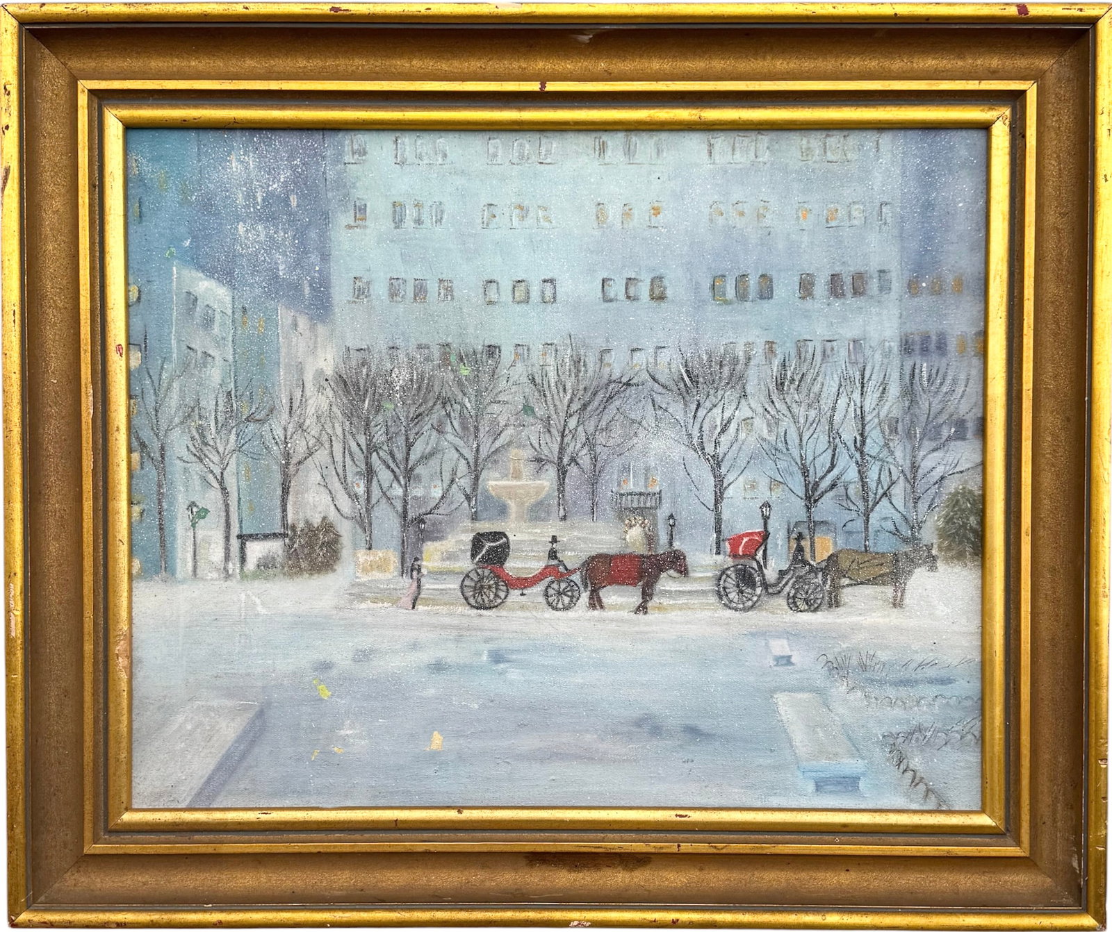 20th C. Naive Winter Cityscape of New York City's Grand Army Plaza Oil On Canvas: Oil painting on canvas 20 x 16 in, 24 1/4 x 20 1/4 in (framed)