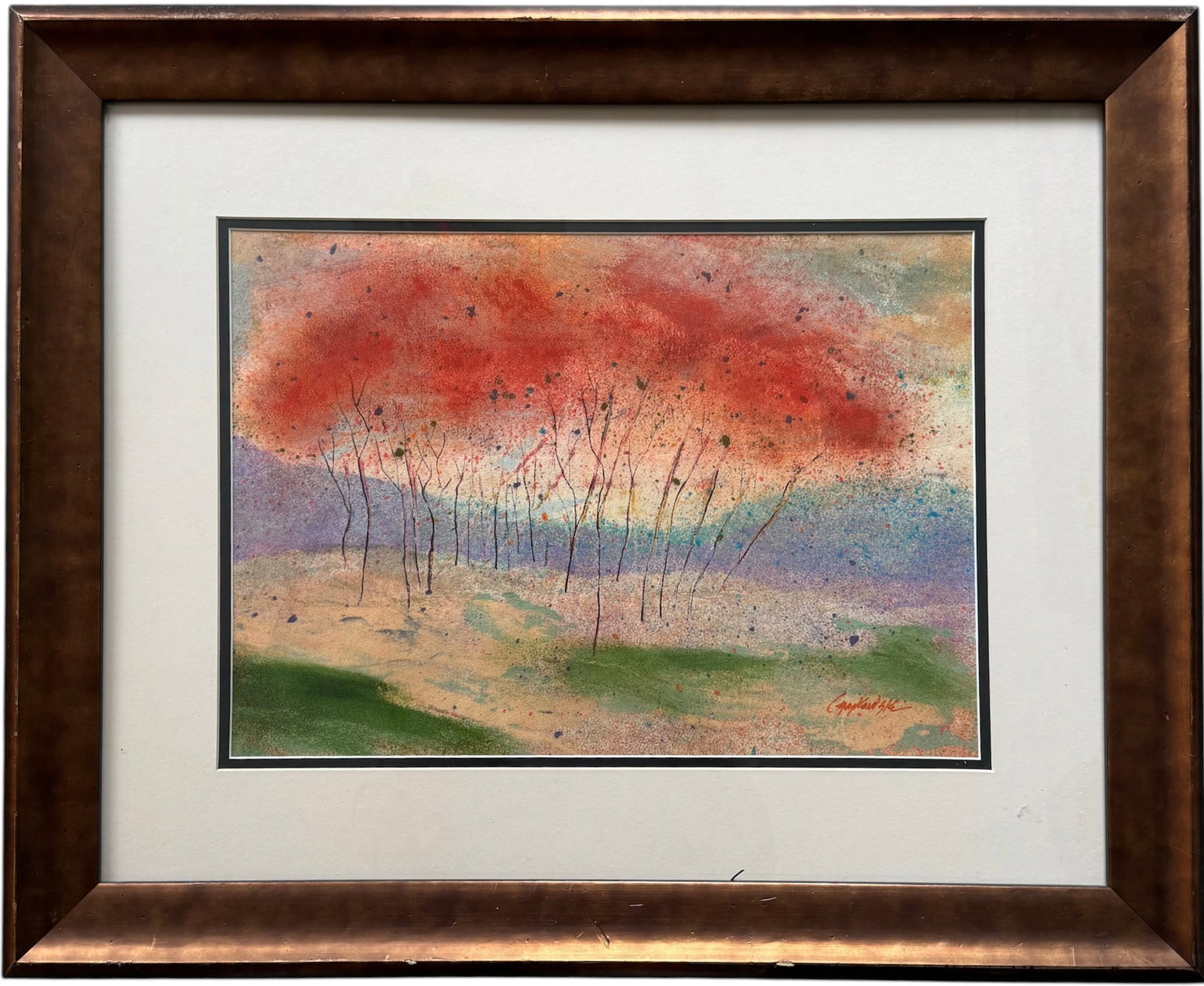 Nicely Framed Signed Abstract Landscape Painting Crimson Tree Canopy: Mixed media 16 1/2 x 11 1/2 in, 26 3/4 x 21 3/4 in (framed)