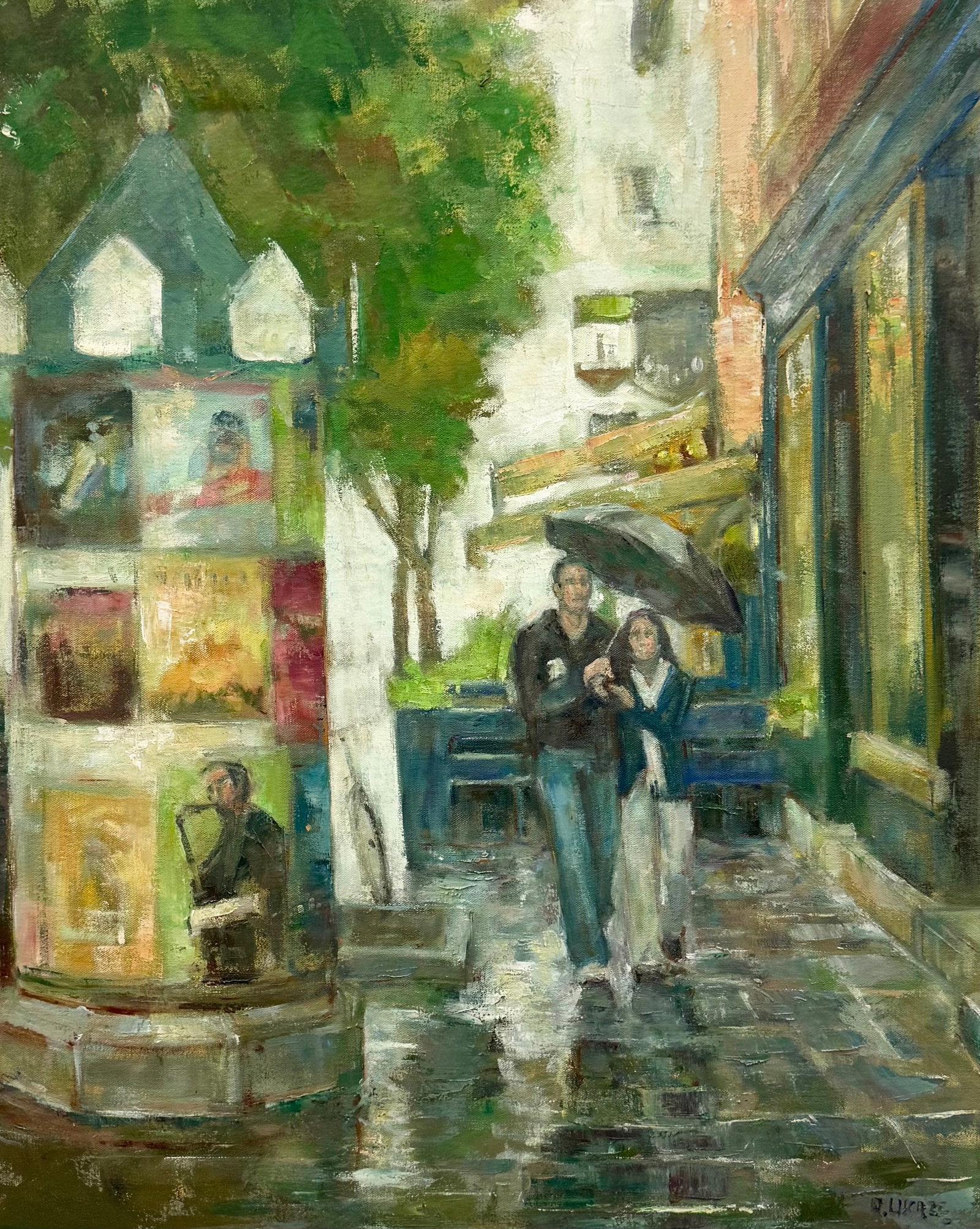 Alain Lacaze (Canadian, b.1939) Rainy Day Street Scene, Quebec Artist: Oil painting on canvas 30 x 24 in. Born in Paris and heavily trained in France, Lacaze is known for splitting his time between Europe and his workshop in Quebec City. His style frequently features rom