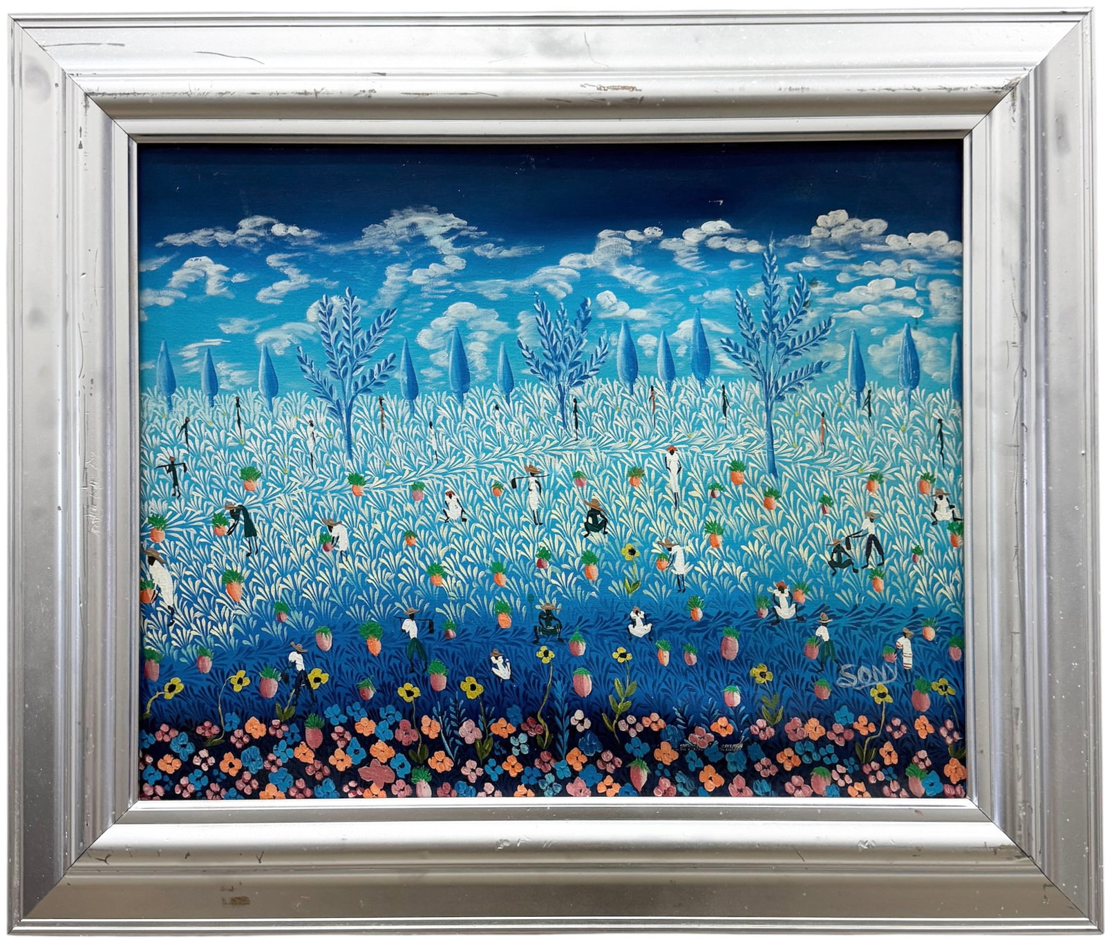 20th C. Haitian School Folk Art Landscape With Figures Signed Sony: Oil painting on canvas 20 x 16 in, 26 x 22 in (framed).