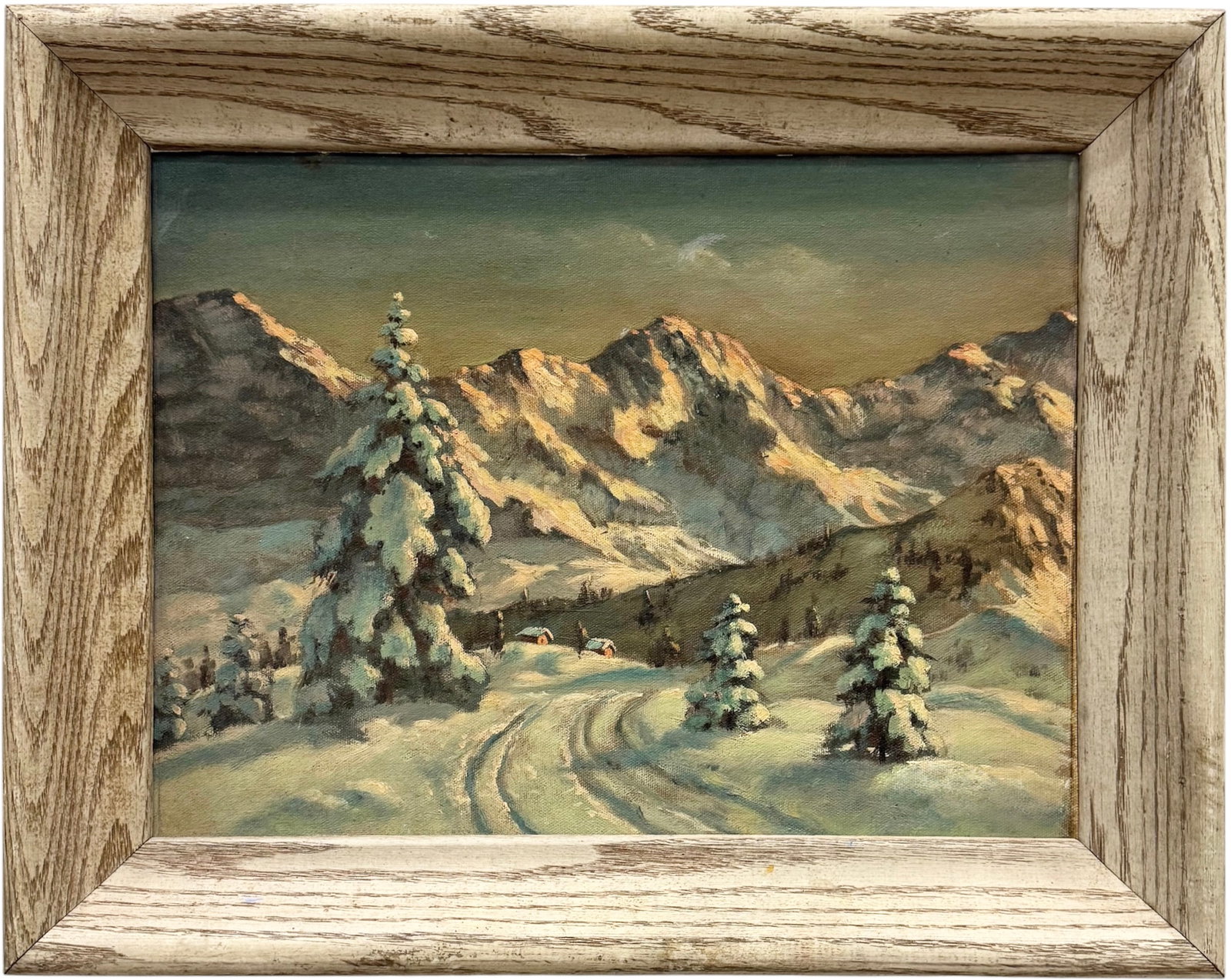 Ealry 20th C. German School Luminist Snowy Mountain Landscape Oil Painting: Oil painting on board 15 1/2 x 11 1/2 in, 19 3/4 x 15 3/4 in