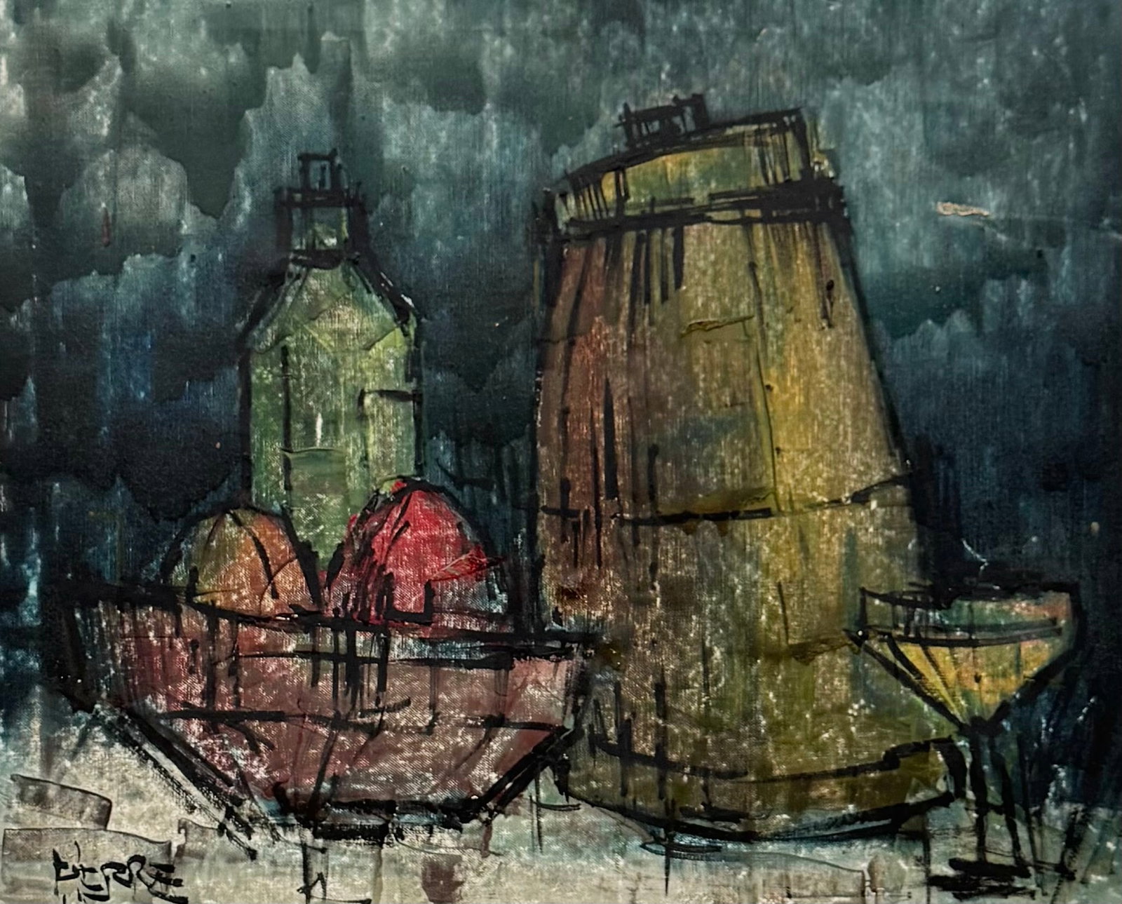Mid-Century French School Modernist Still Life Signed Pierre: Oil painting on canvas 20 x 16 in