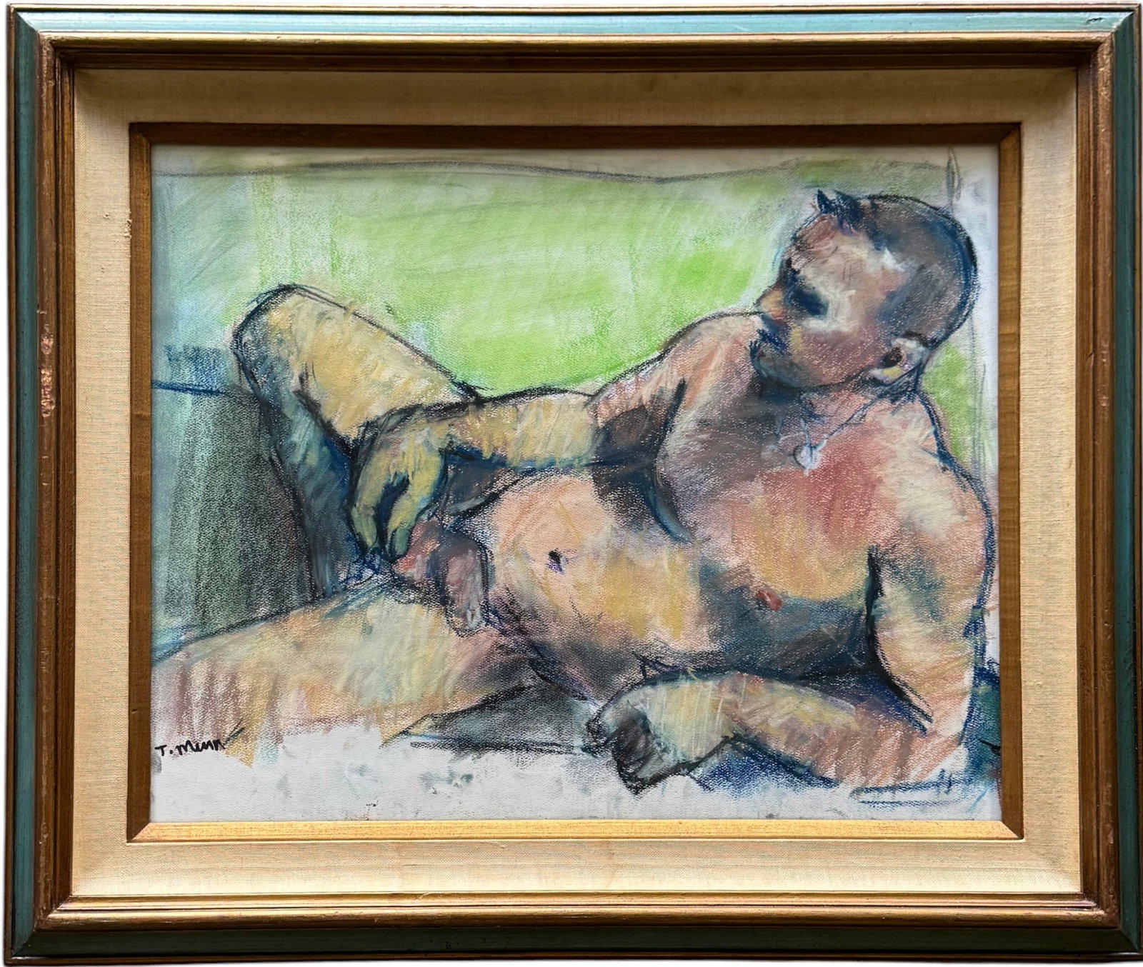 T. Munn Mid-Century Modern Male Nude Pastel Drawing Framed: Mixed media 19 1/2 x 15 1/4 in, 25 3/4 x 21 3/4 in (framed).