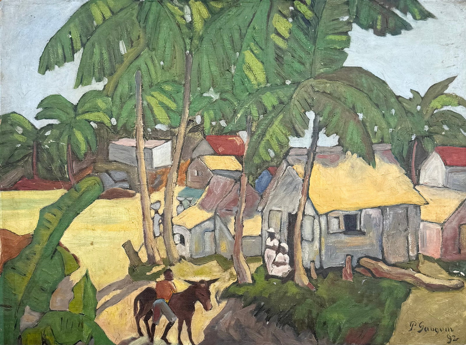 After Paul Gauguin "Street in a Tahitian Village" Oil Painting on Board (Early 20th C): Oil painting on board 24 x 18 in. Assumed to be after.