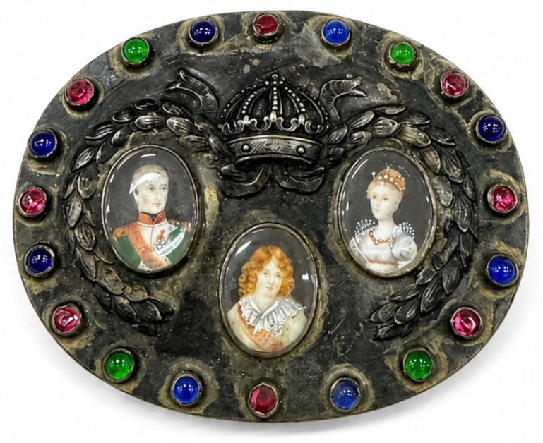 19th C. 930 Solid Silver Bejeweled Box with Napoleonic Family Portrait Miniatures: 3 1/2 x 2 3/4 in, 1/4 in. Marked 930 on base.