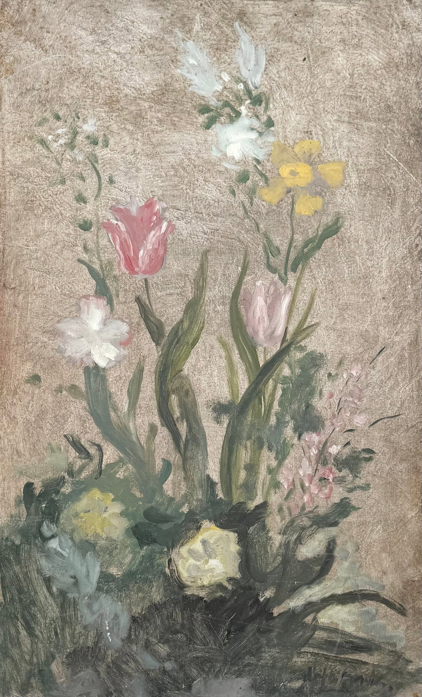 Impressionistic Floral Bouquet Study, Oil on Board Signed Illegibly, Possibly Fatin: Oil painting on board 26 x 16 in. Signed lower right, possibly signed Fatin or something similar